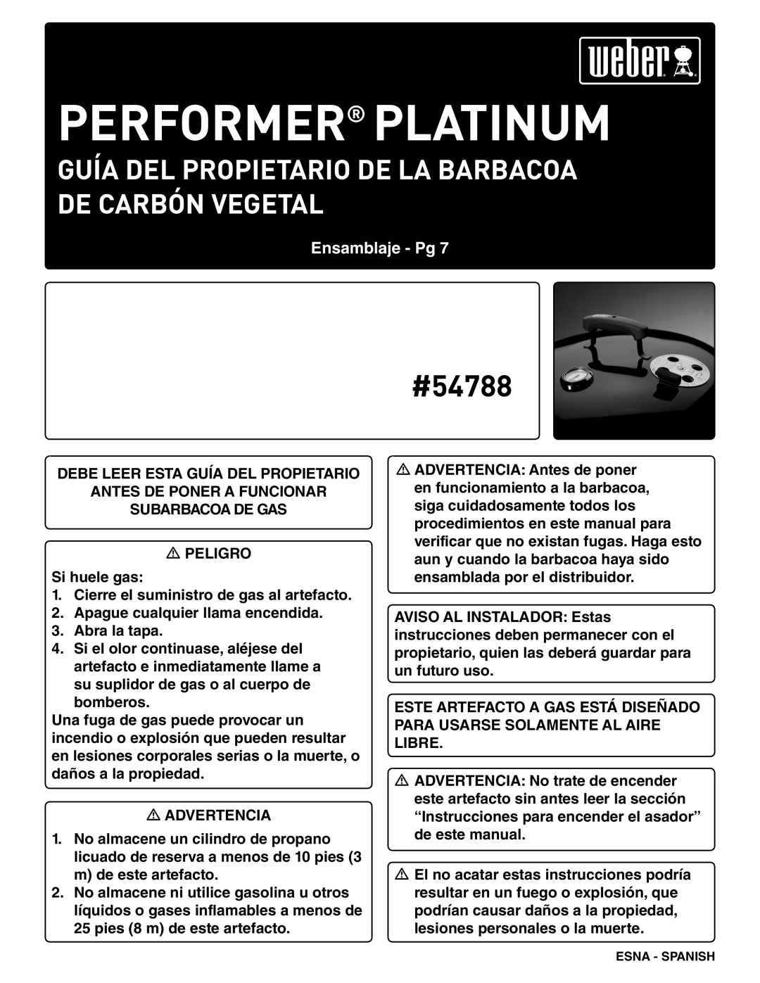 Weber PERFORMER PLATINUM manual Guía DEL Propietario DE LA Barbacoa DE Carbón Vegetal 