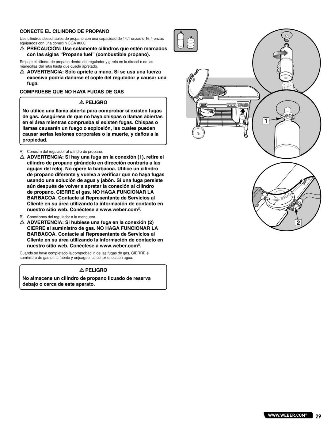 Weber PERFORMER PLATINUM manual Instrucciones para el gas, Conecte EL Cilindro DE Propano 