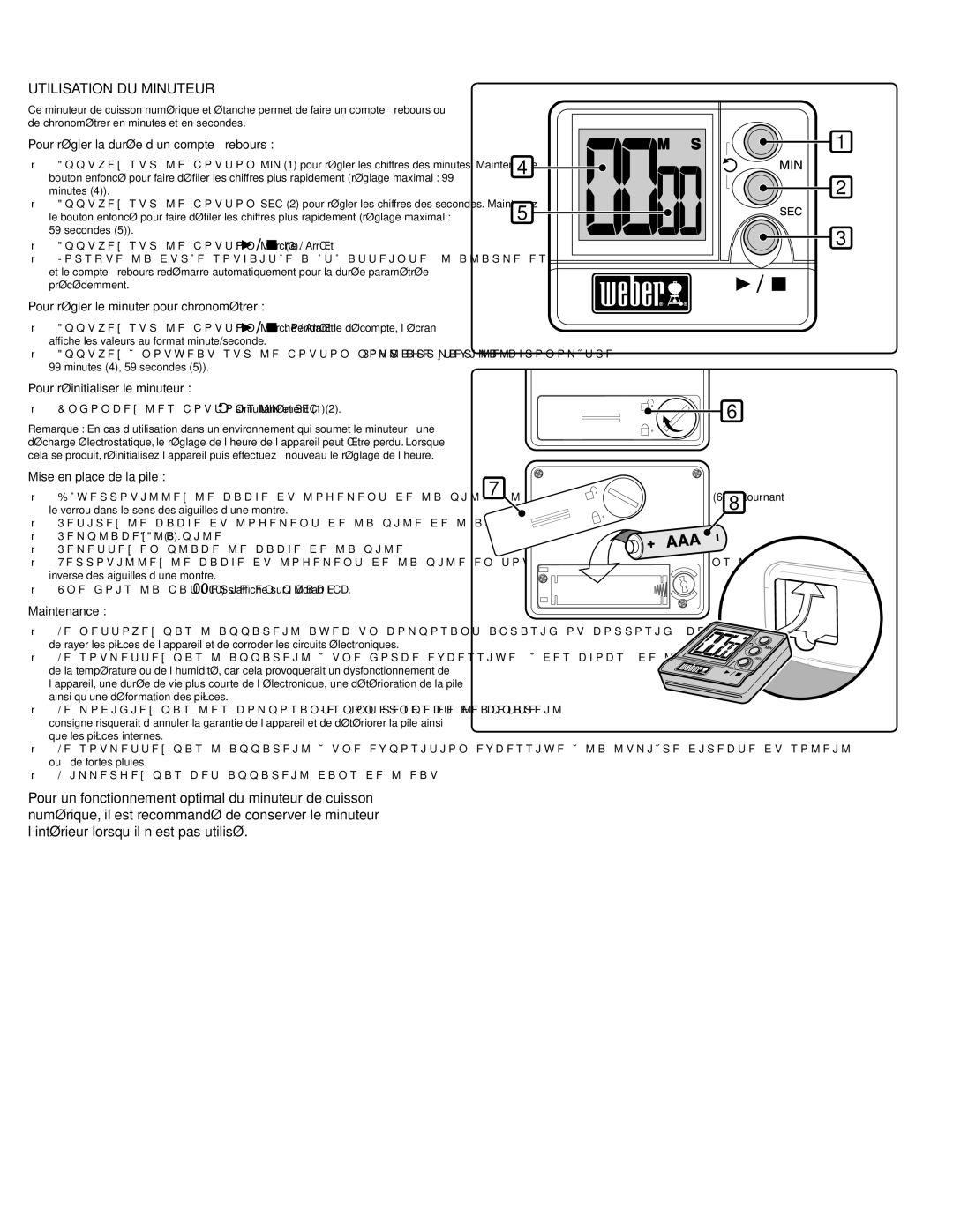 Weber PERFORMER PLATINUM Utilisation DU Minuteur, Pour régler la durée d’un compte à rebours, Mise en place de la pile 