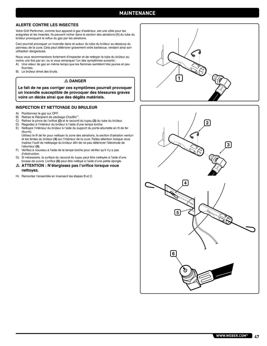 Weber PERFORMER PLATINUM manual Alerte Contre LES Insectes, Inspection ET Nettoyage DU Bruleur 
