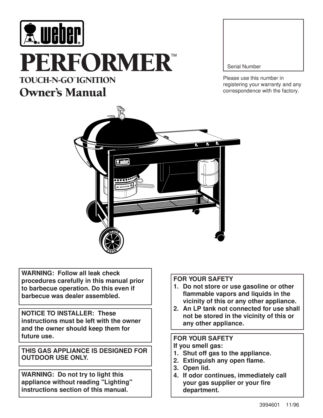 Weber PERFORMER TOUCH-N-GO IGNITION, 3994601 owner manual Performer 