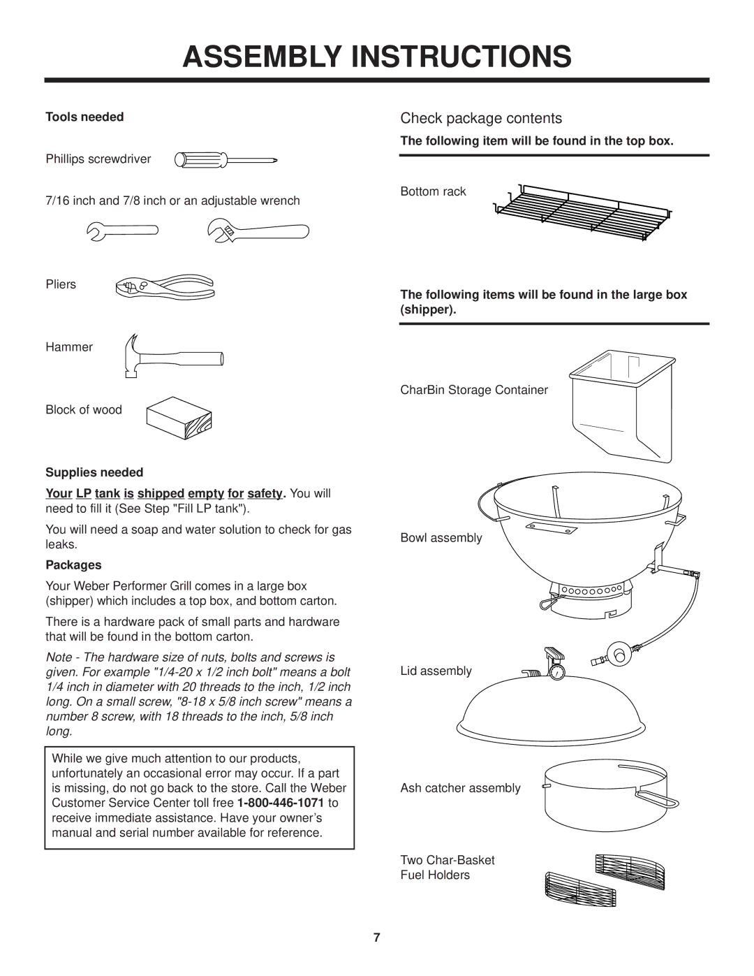 Weber PERFORMER TOUCH-N-GO IGNITION, 3994601 owner manual Assembly Instructions, Check package contents 