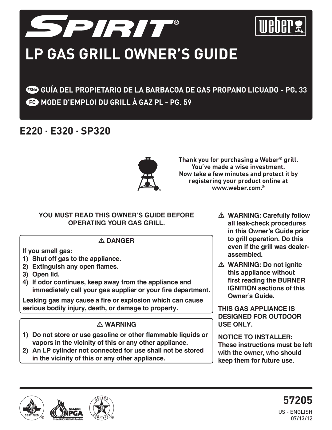 Weber PL - PG. 59 57205 manual LP GAS Grill OWNER’S Guide 