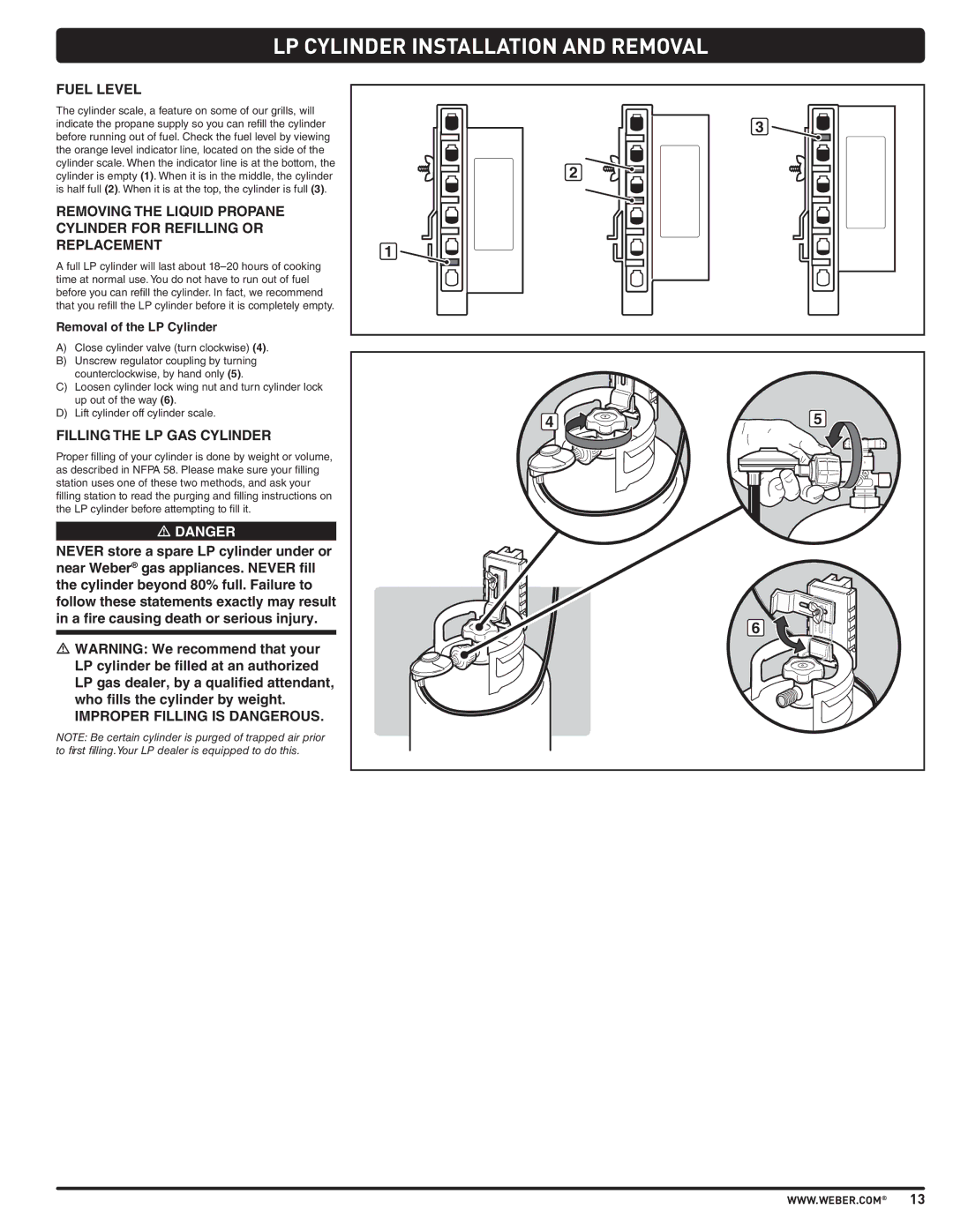 Weber PL - PG. 59 57205 Fuel Level, Filling the LP GAS Cylinder, Improper Filling is Dangerous, Removal of the LP Cylinder 