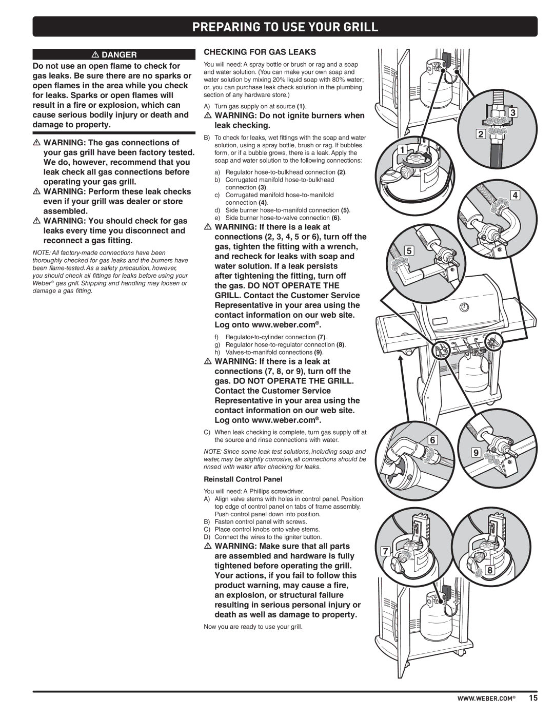 Weber PL - PG. 59 57205 manual Checking for GAS Leaks, Reinstall Control Panel 