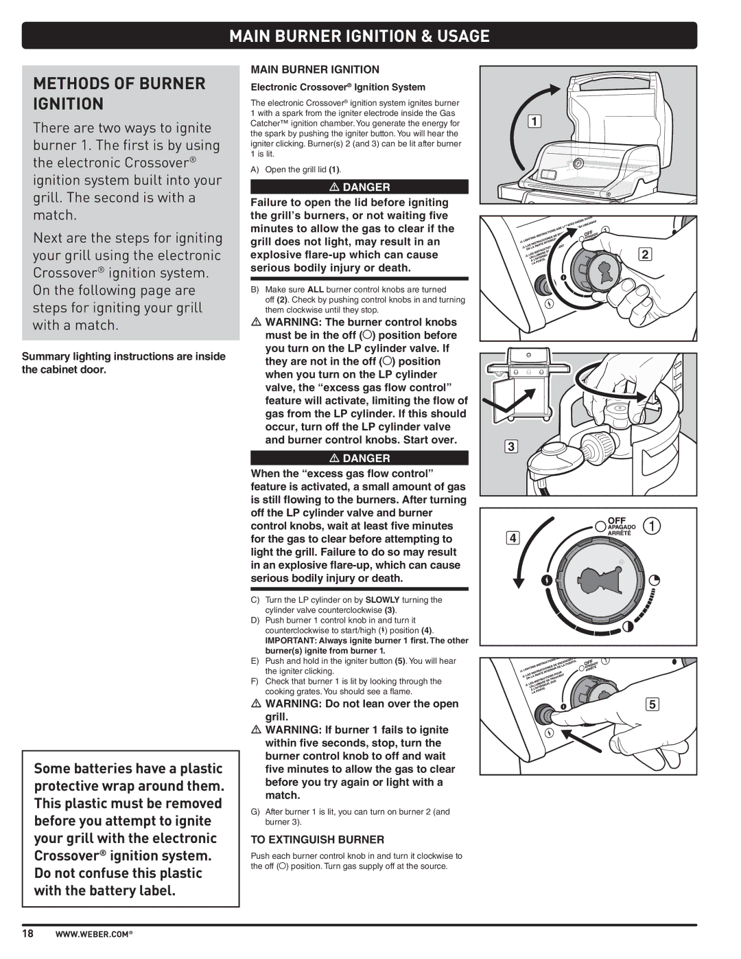 Weber PL - PG. 59 57205 manual Methods of Burner Ignition, Main Burner Ignition, To Extinguish Burner 