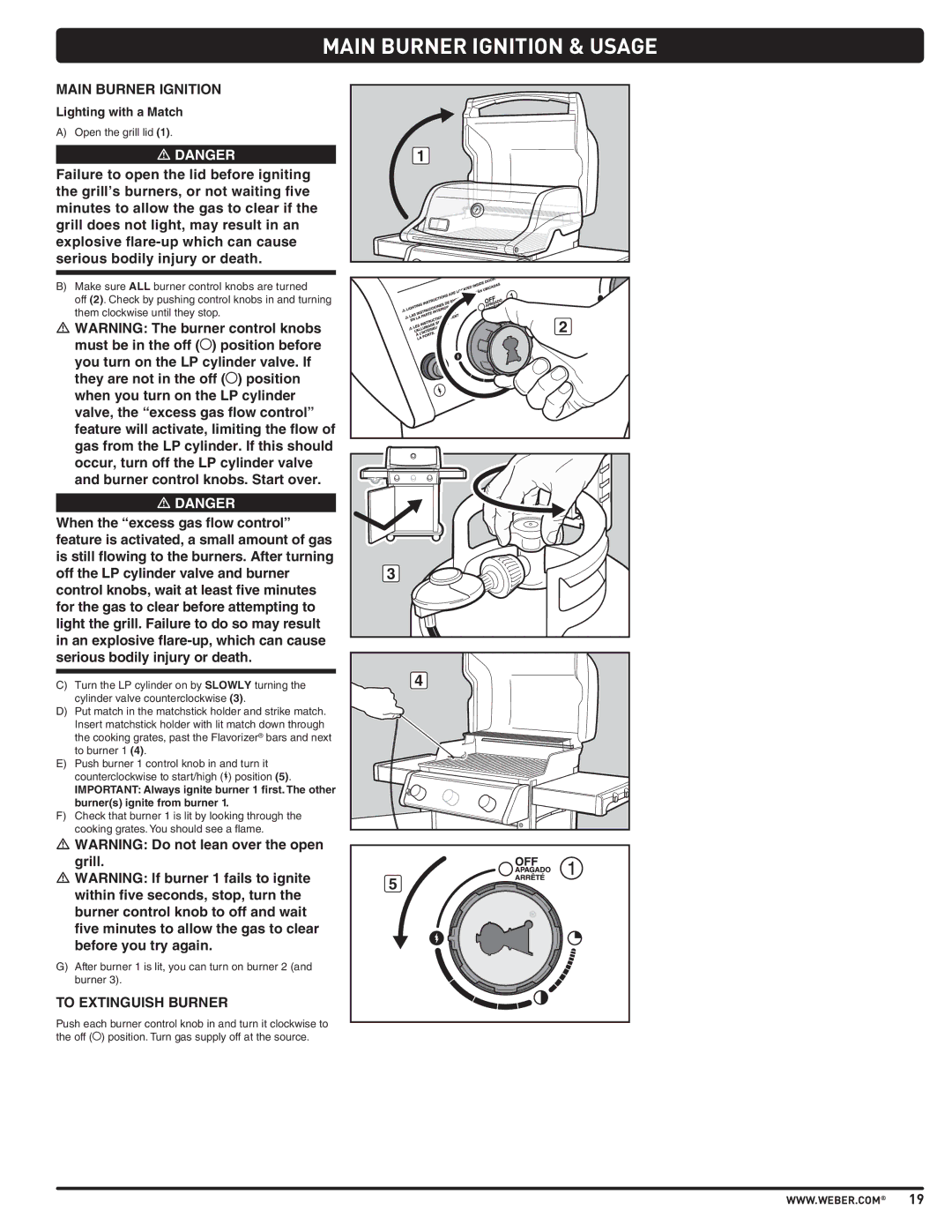 Weber PL - PG. 59 57205 Main Burner Ignition & Usage, Lighting with a Match, Control knobs, wait at least five, Can cause 