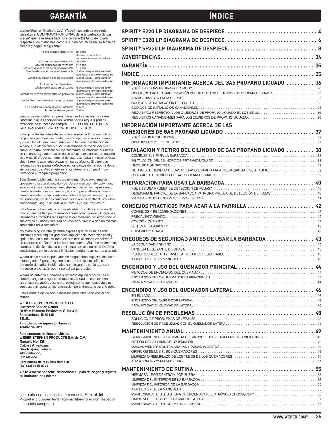 Weber PL - PG. 59 57205 manual Garantía, Instalación Y Retiro DEL Cilindro DE GAS Propano Licuado 