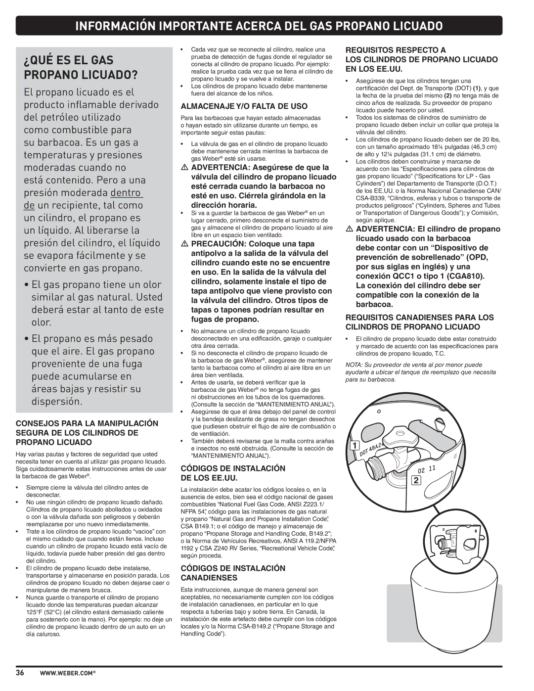 Weber PL - PG. 59 57205 manual Información Importante Acerca DEL GAS Propano Licuado, Almacenaje Y/O Falta DE USO 