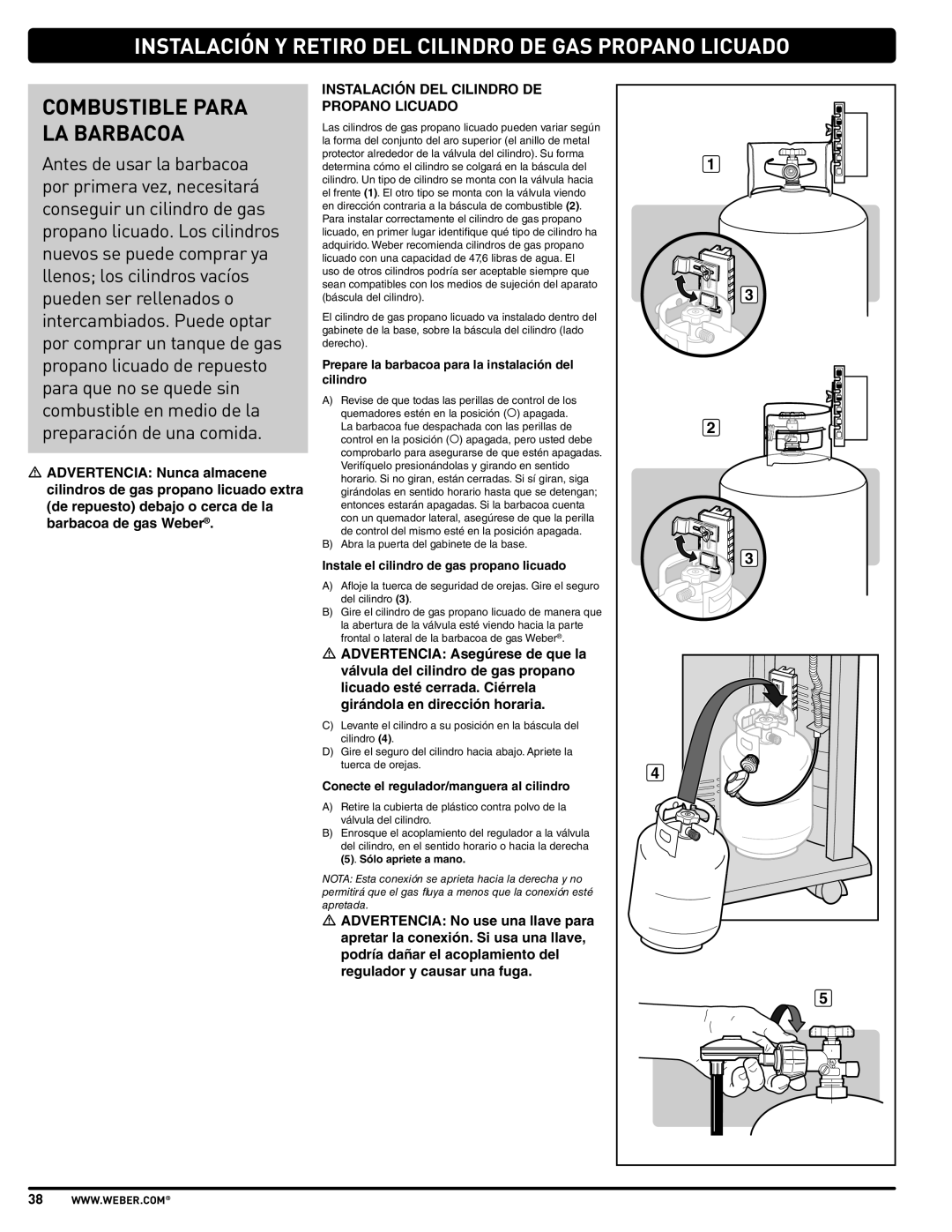 Weber PL - PG. 59 57205 manual Instalación Y Retiro DEL Cilindro DE GAS Propano Licuado, Combustible Para LA Barbacoa 