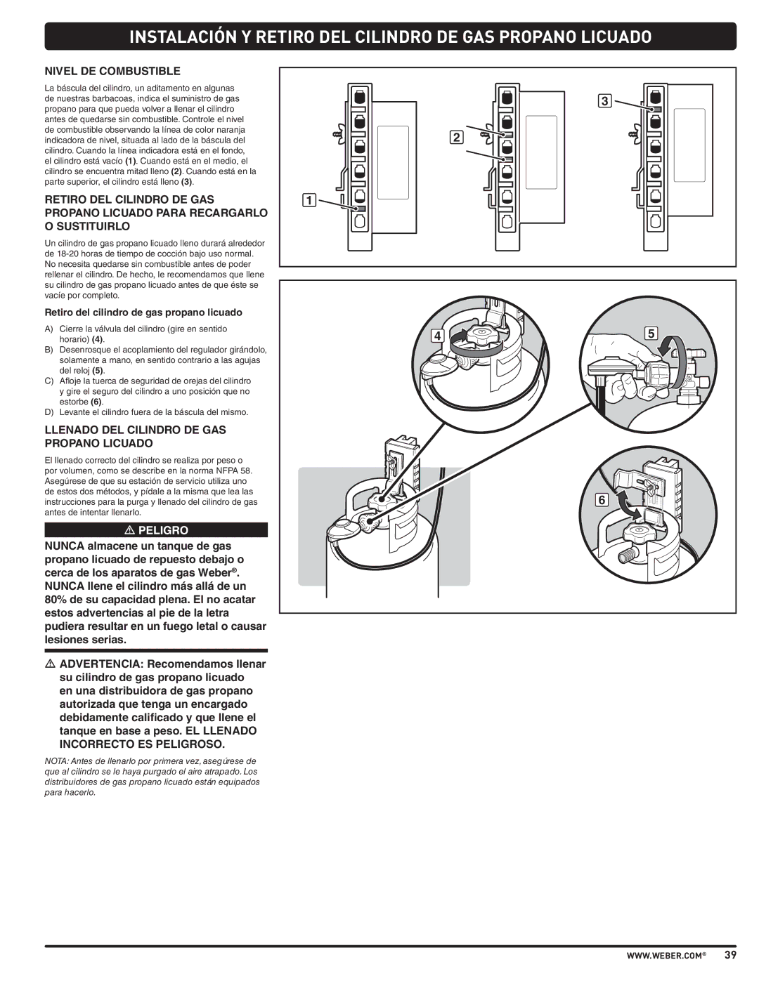 Weber PL - PG. 59 57205 manual Nivel DE Combustible, Llenado DEL Cilindro DE GAS Propano Licuado 