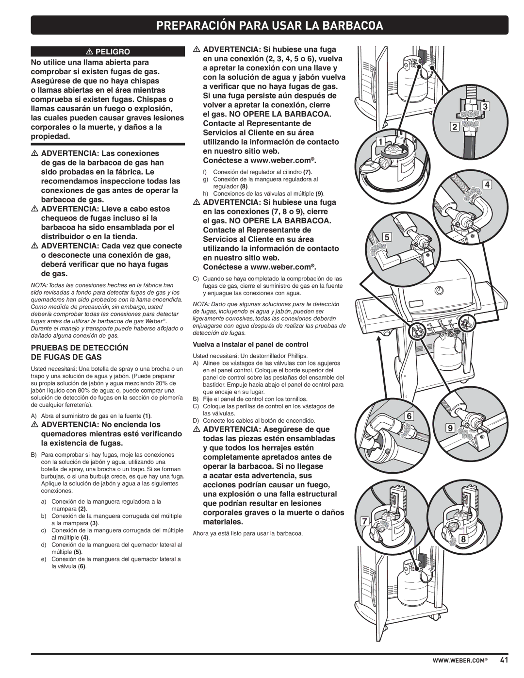 Weber PL - PG. 59 57205 manual Pruebas DE Detección DE Fugas DE GAS, Vuelva a instalar el panel de control 