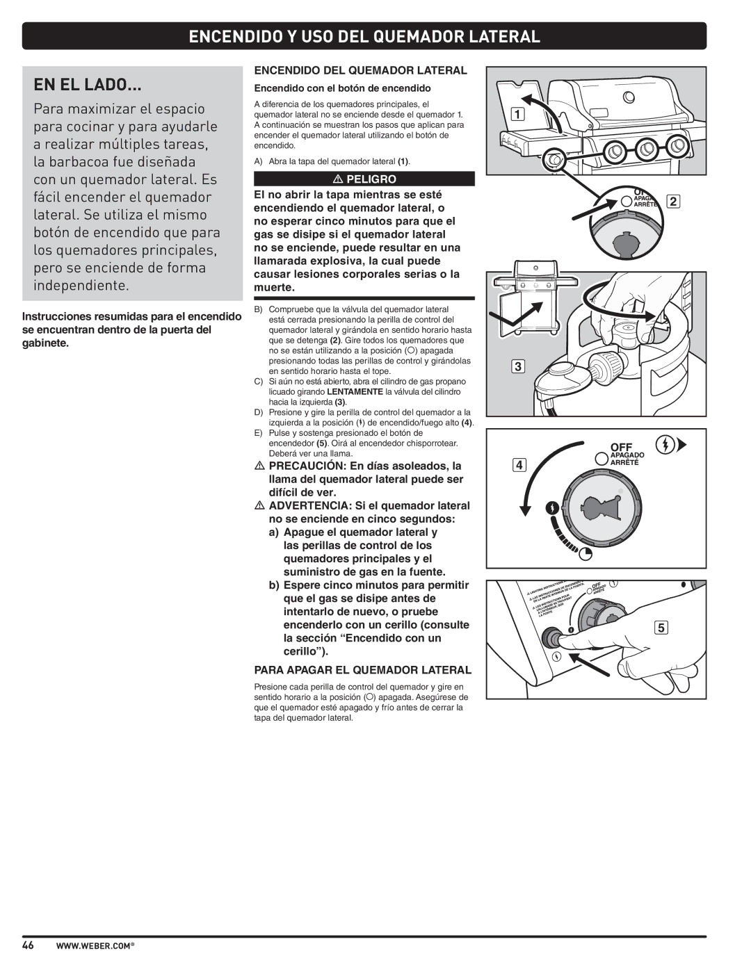 Weber PL - PG. 59 57205 manual Encendido Y USO DEL Quemador Lateral, EN EL Lado, Encendido DEL Quemador Lateral 