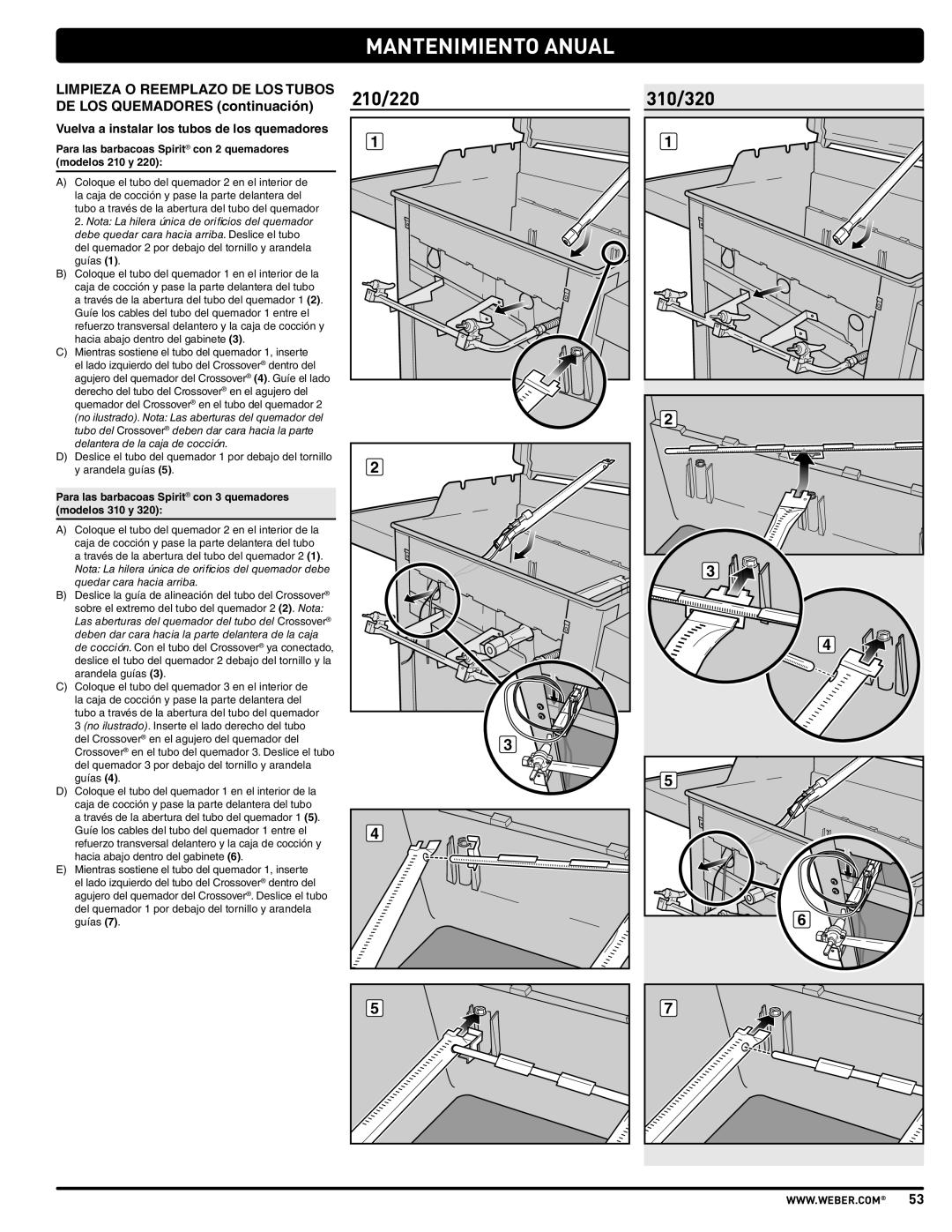 Weber PL - PG. 59 57205 manual Vuelva a instalar los tubos de los quemadores 