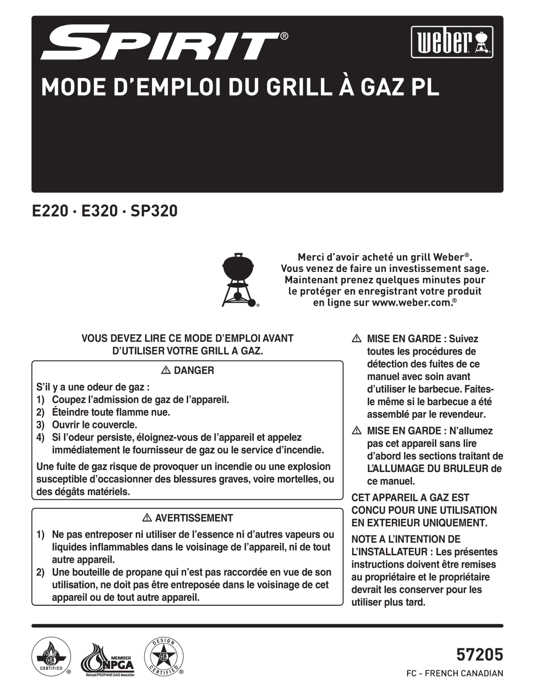 Weber PL - PG. 59 57205 manual Mode D’EMPLOI DU Grill À GAZ PL 