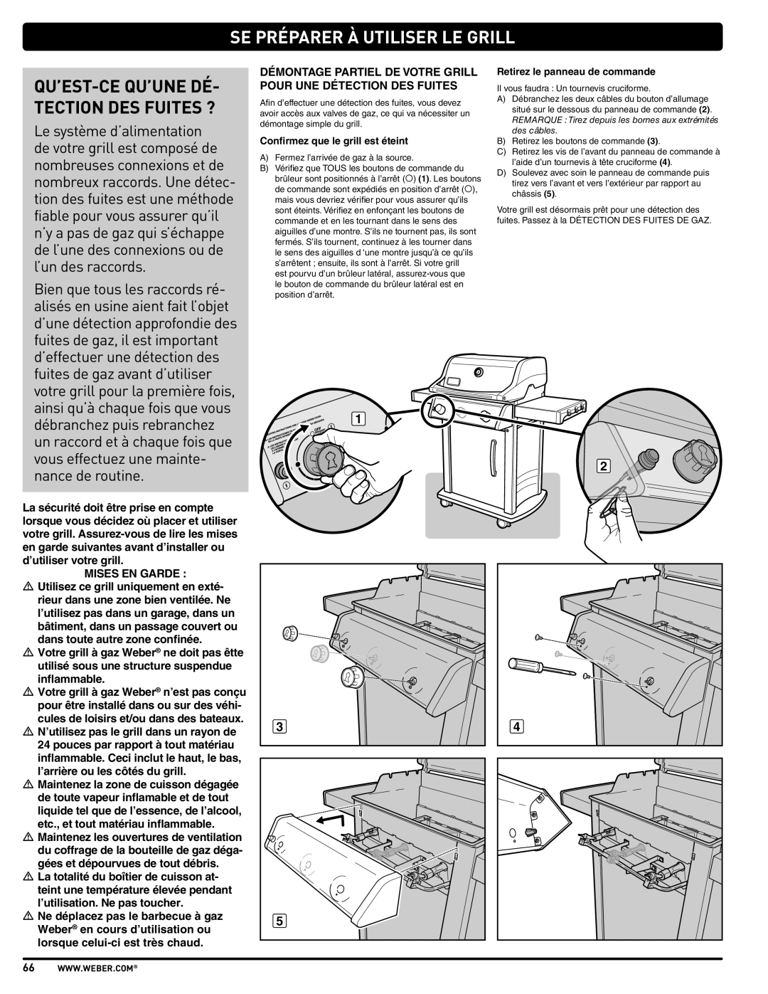 Weber PL - PG. 59 57205 manual SE Préparer À Utiliser LE Grill, QU’EST-CE QU’UNE DÉ Tection DES Fuites ?, Mises EN Garde 