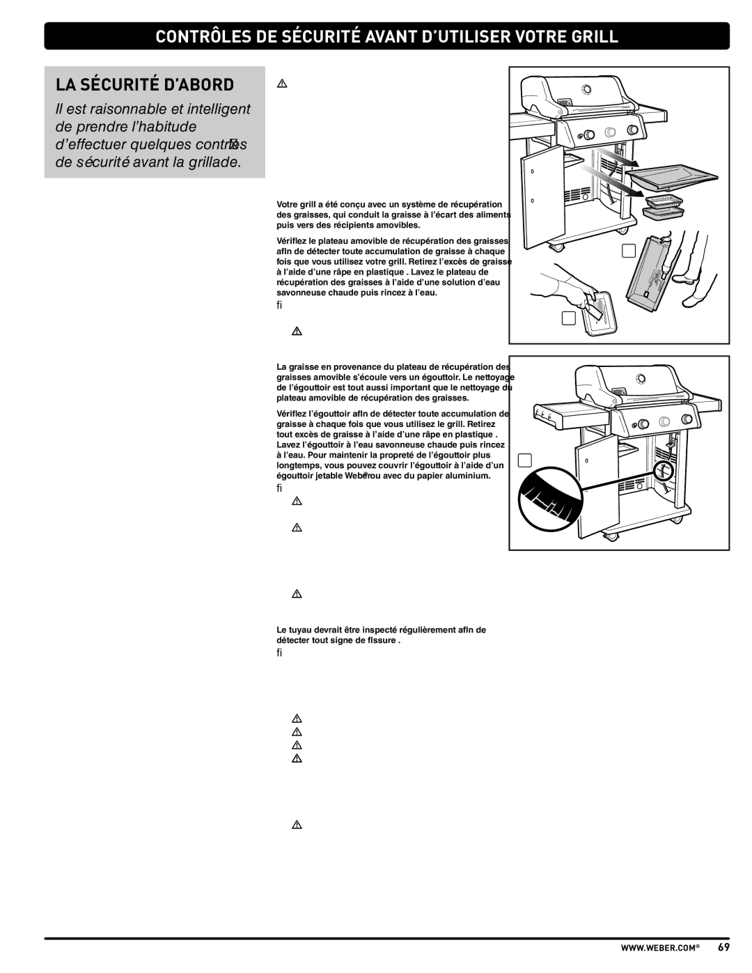 Weber PL - PG. 59 57205 manual Contrôles DE Sécurité Avant D’UTILISER Votre Grill, LA Sécurité D’ABORD, Inspection DU Tuyau 