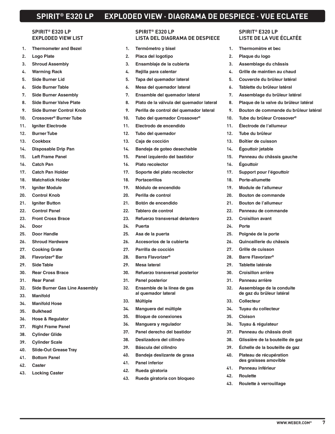 Weber PL - PG. 59 57205 manual Spirit E320 LP Exploded View List 