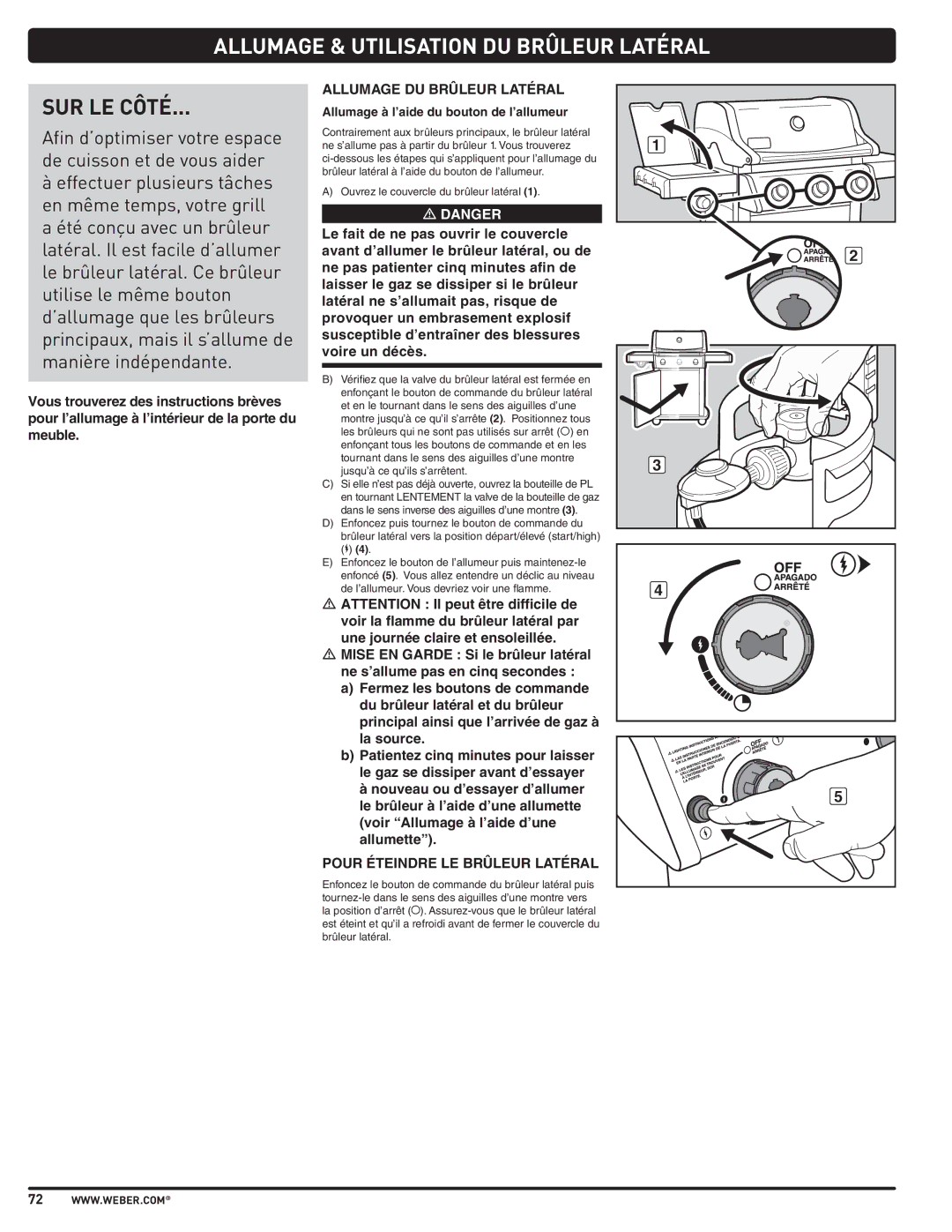 Weber PL - PG. 59 57205 manual Allumage & Utilisation DU Brûleur Latéral, SUR LE Côté, Allumage DU Brûleur Latéral 