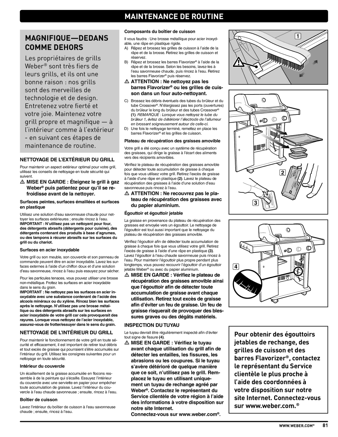 Weber PL - PG. 59 57205 manual Maintenance DE Routine, Nettoyage DE L’EXTÉRIEUR DU Grill, Nettoyage DE L’INTÉRIEUR DU Grill 