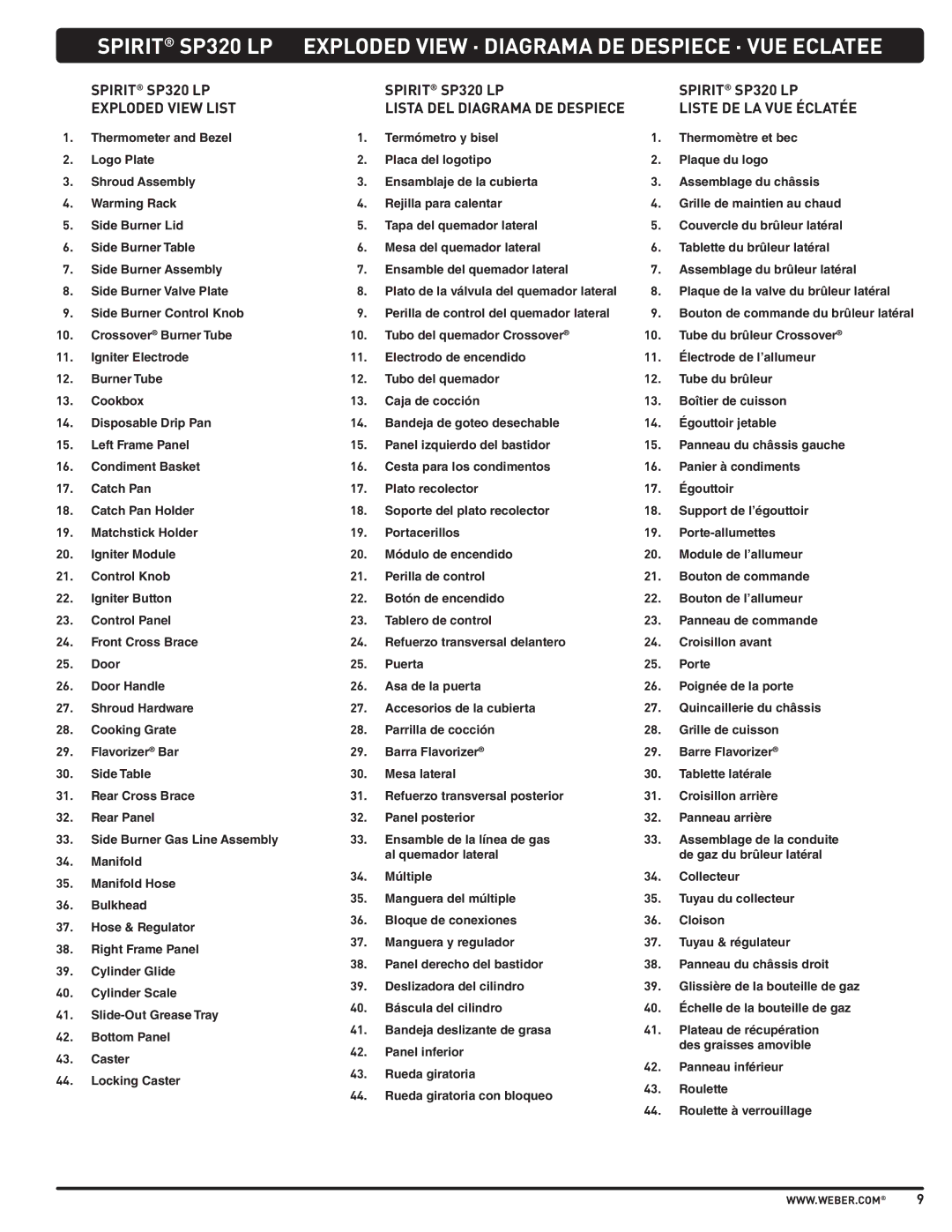 Weber PL - PG. 59 57205 manual Spirit SP320 LP Exploded View List 