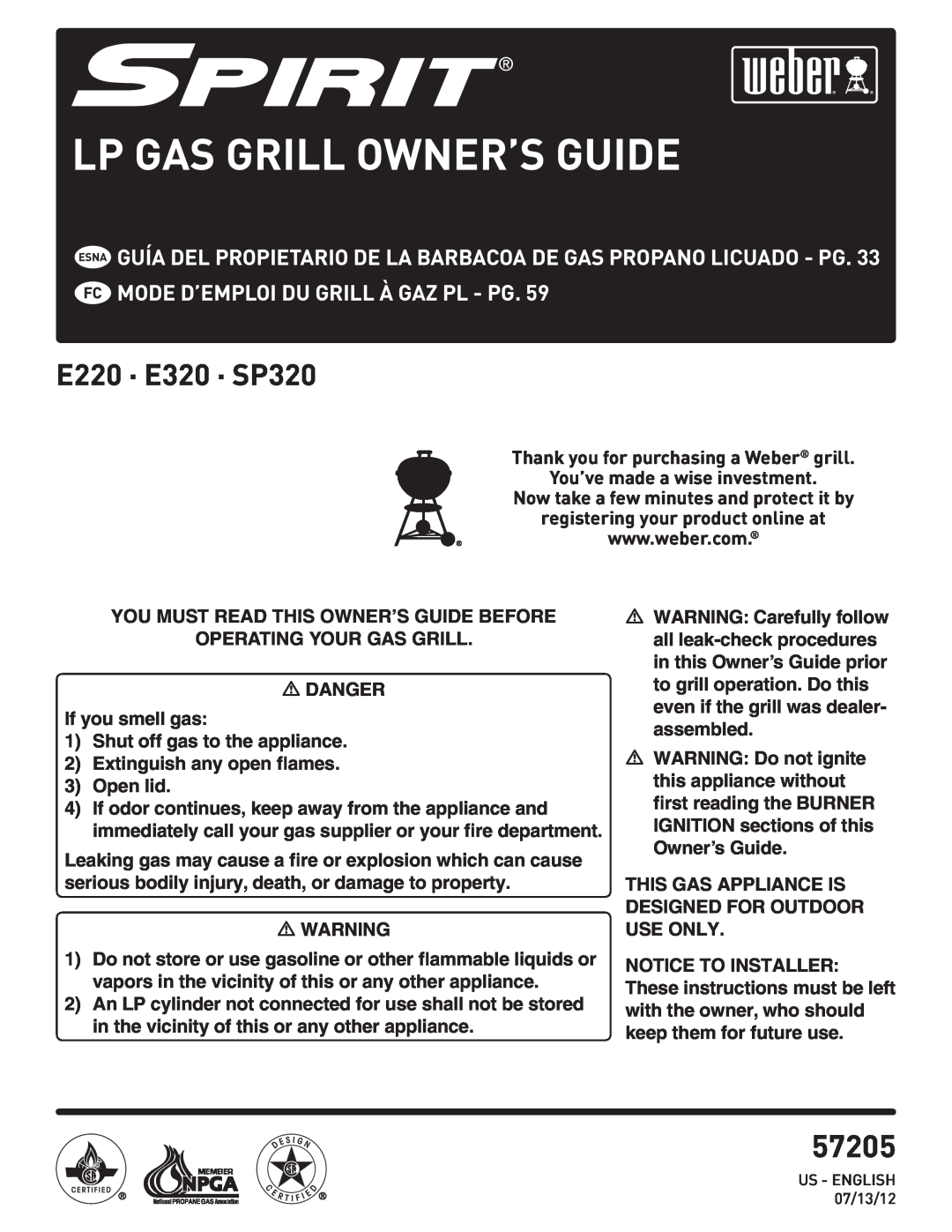 Weber PL - PG. 59 57205 manual Lp Gas Grill Owner’S Guide, E220 · E320 · SP320 
