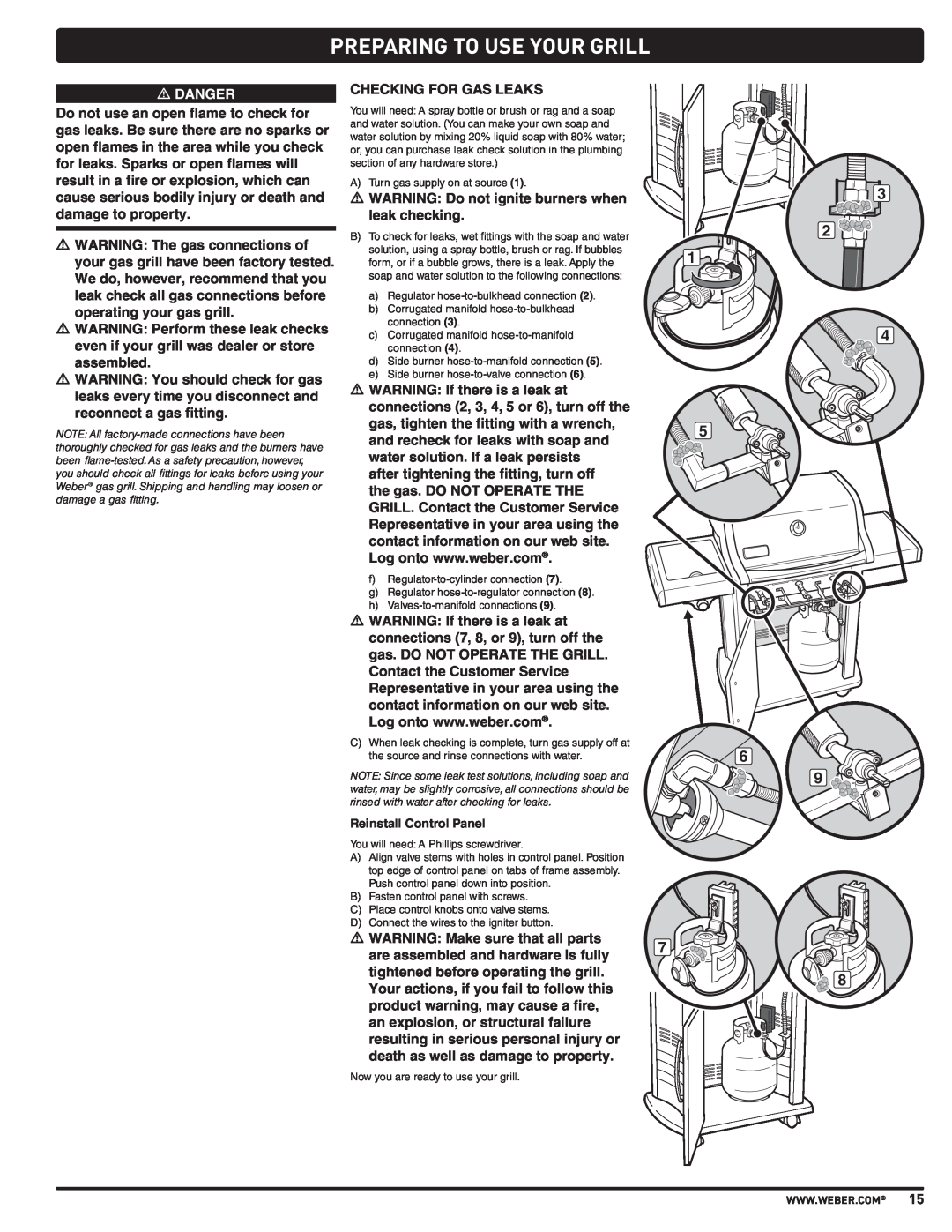 Weber PL - PG. 59 57205 manual Preparing To Use Your Grill, m DANGER, Checking For Gas Leaks 