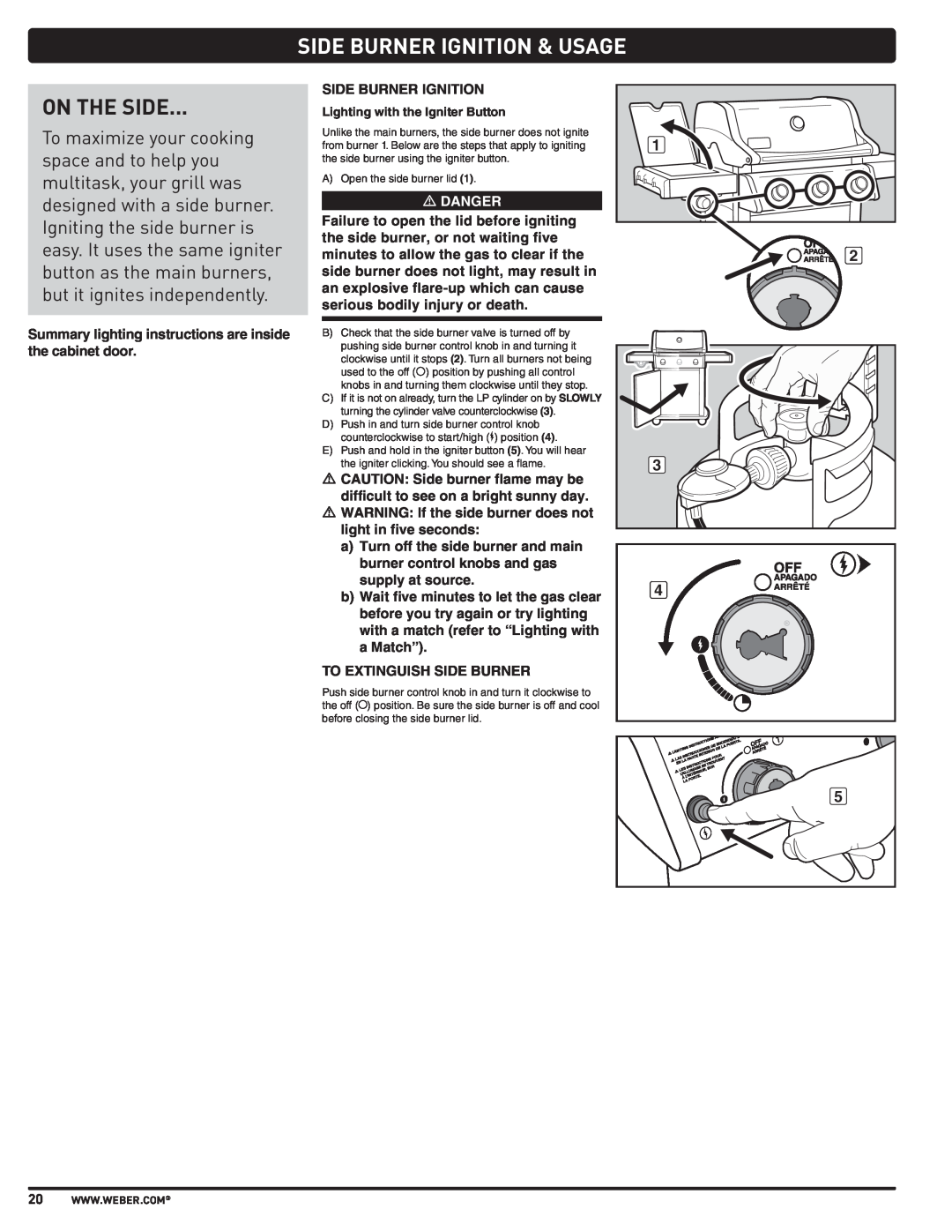 Weber PL - PG. 59 57205 manual Side Burner Ignition & Usage, On The Side, m DANGER 