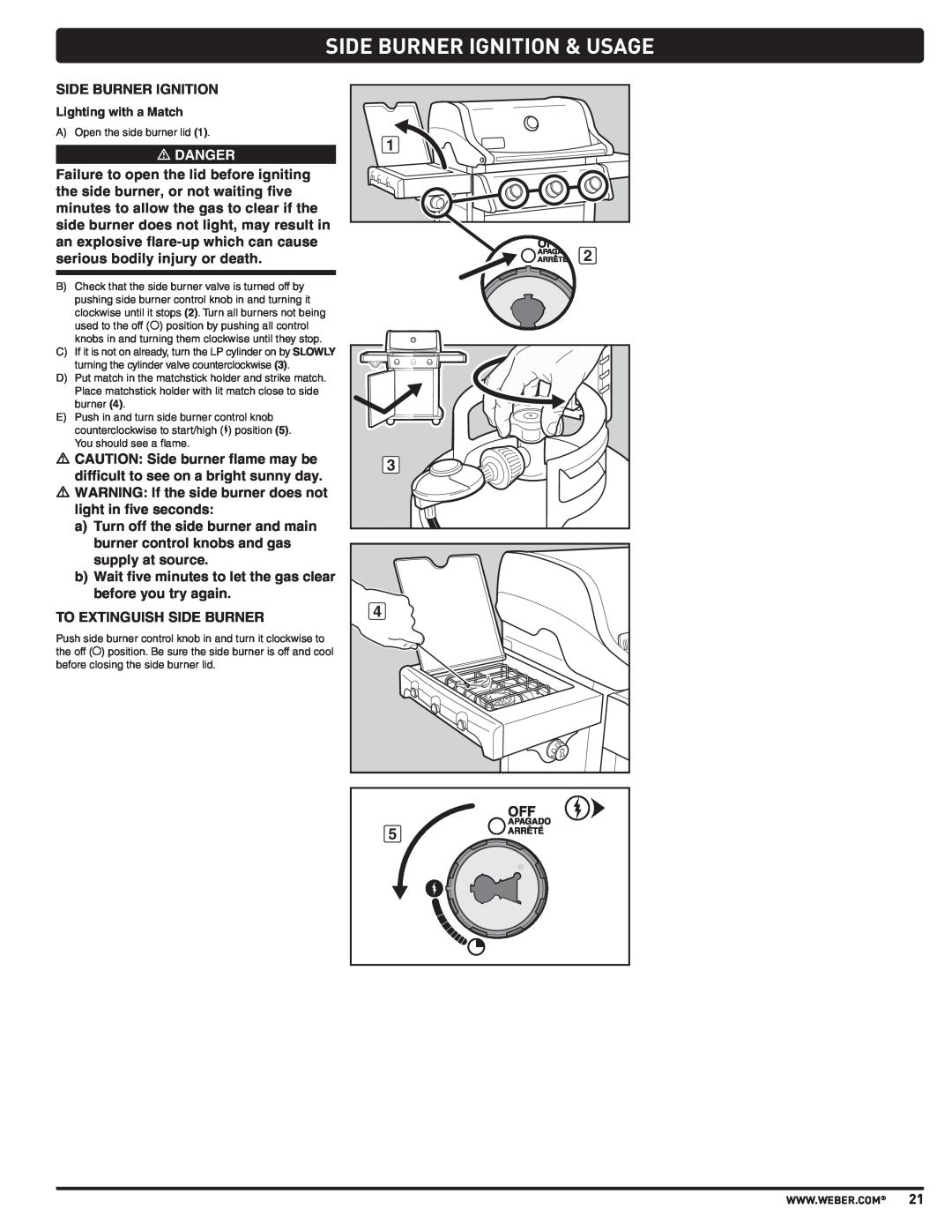 Weber PL - PG. 59 57205 manual Side Burner Ignition & Usage, m DANGER 
