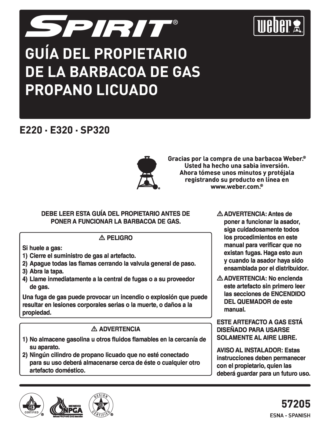 Weber PL - PG. 59 57205 manual Guía Del Propietario De La Barbacoa De Gas Propano Licuado, E220 · E320 · SP320 
