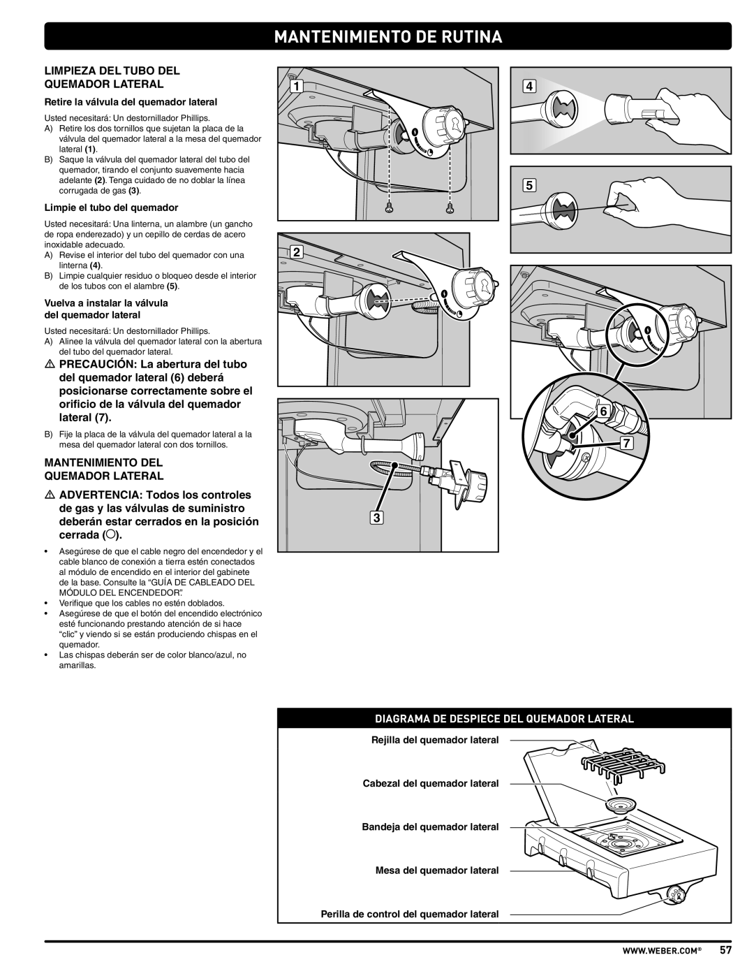 Weber PL - PG. 59 57205 Mantenimiento De Rutina, Diagrama De Despiece Del Quemador Lateral, Limpie el tubo del quemador 