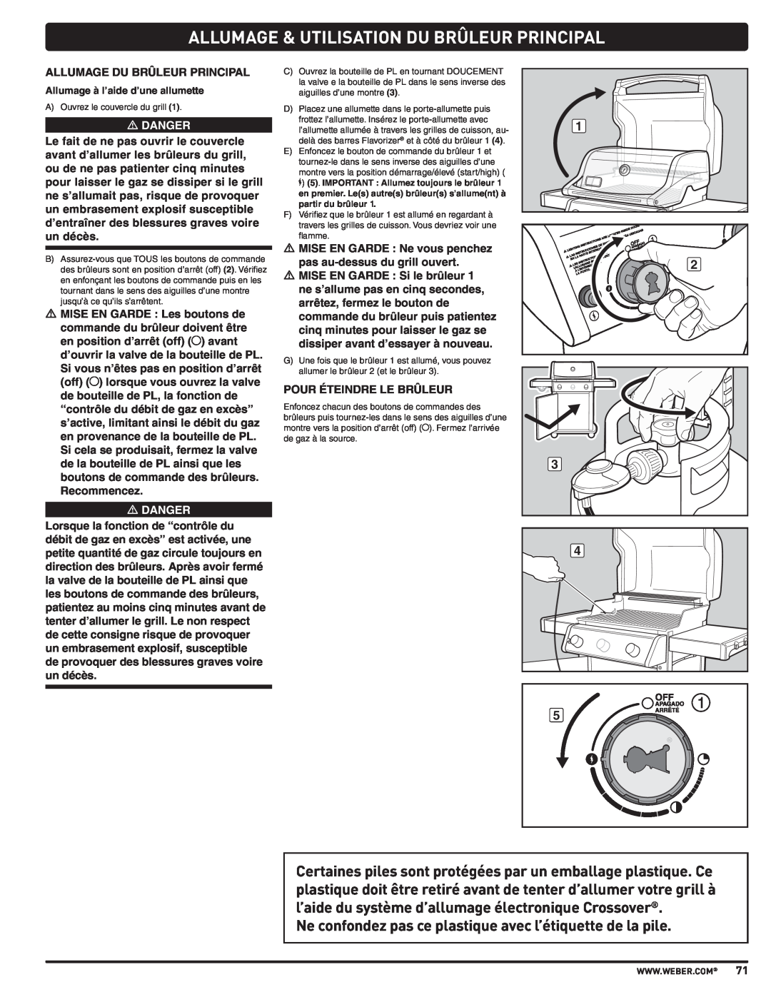 Weber PL - PG. 59 57205 manual Allumage & Utilisation Du Brûleur Principal, m DANGER, Allumage à l’aide d’une allumette 