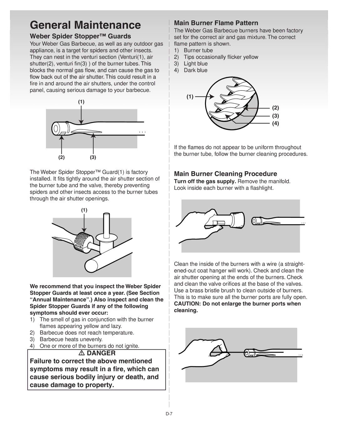 Weber Platinum C manual General Maintenance, Main Burner Flame Pattern, Weber Spider Stopper Guards 