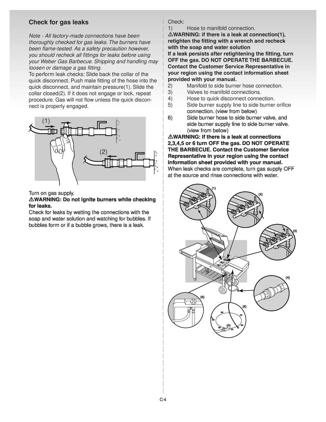 Weber Platinum C manual Check for gas leaks, Note - All factory-made connections have been, loosen or damage a gas fitting 