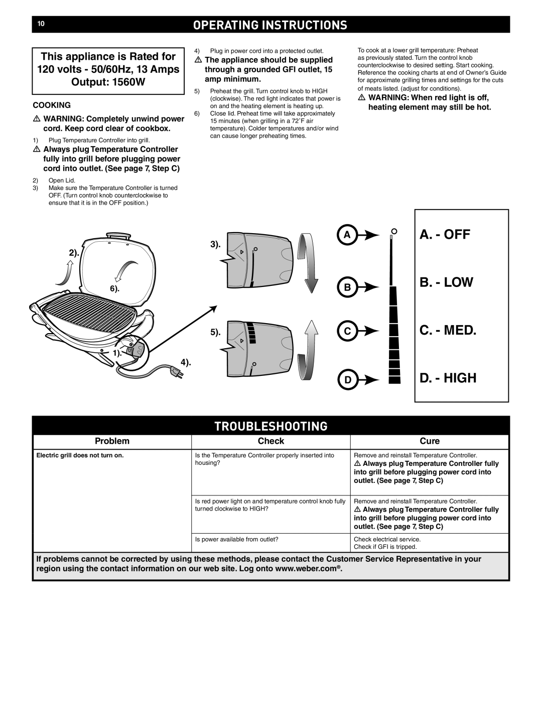 Weber Q 140 manual Operating Instructions, Troubleshooting, Into grill before plugging power cord into 