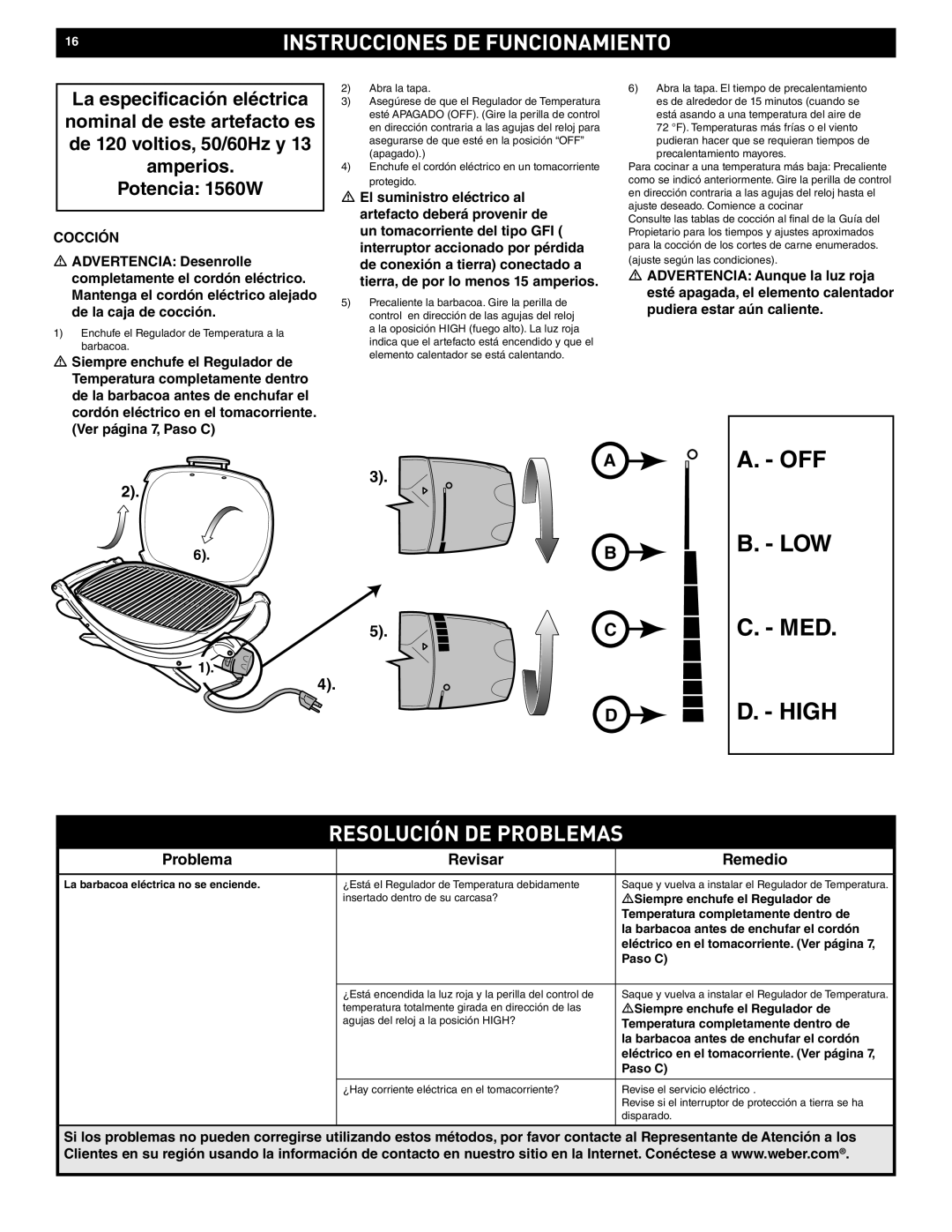 Weber Q 140 manual Instrucciones DE Funcionamiento, Resolución DE Problemas 