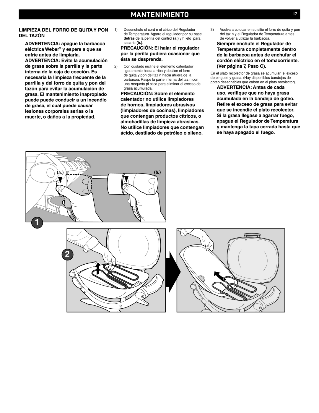 Weber Q 140 manual MANTENIMIENTO17, Limpieza DEL Forro DE Quita Y PON DEL Tazón 