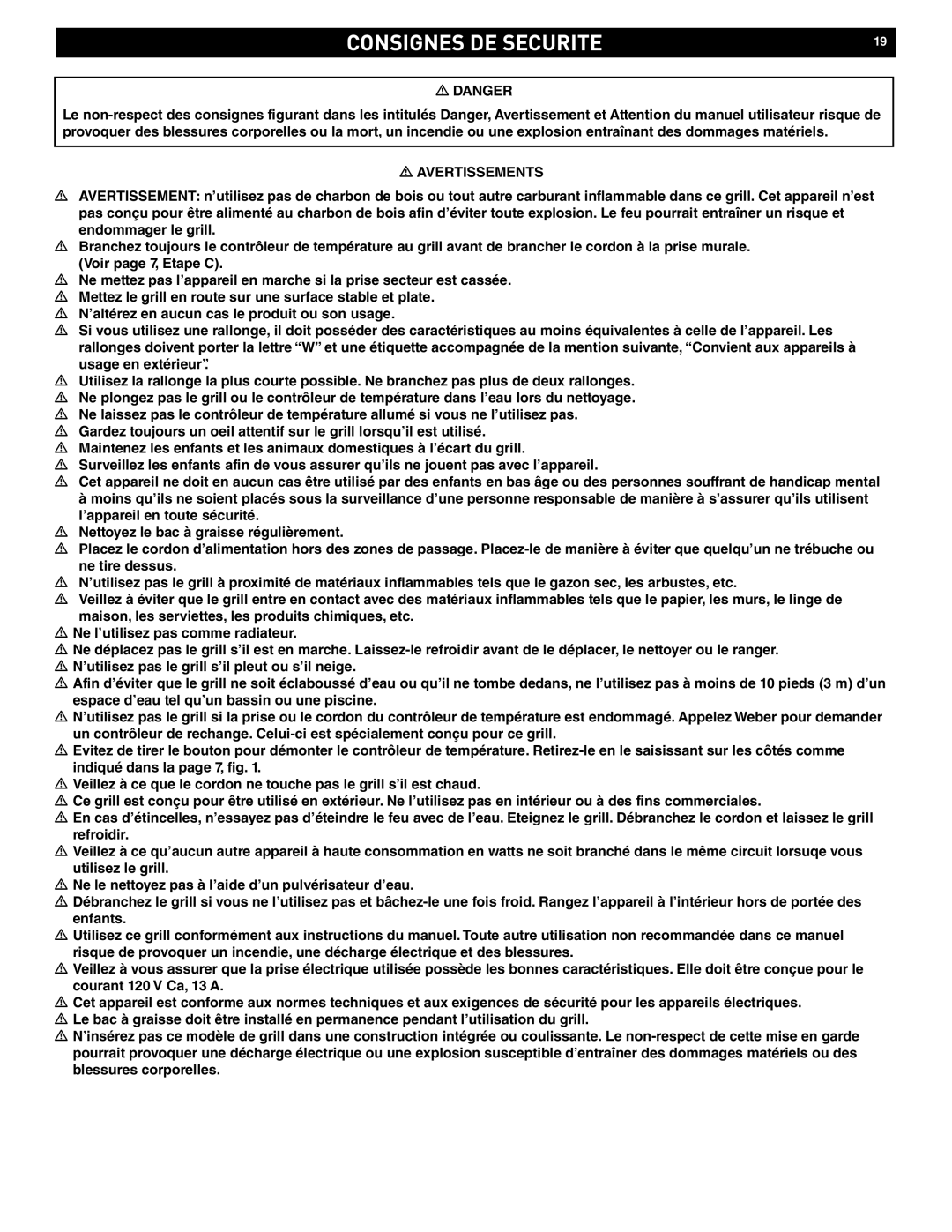 Weber Q 140 manual Consignes DE Securite, Avertissements 