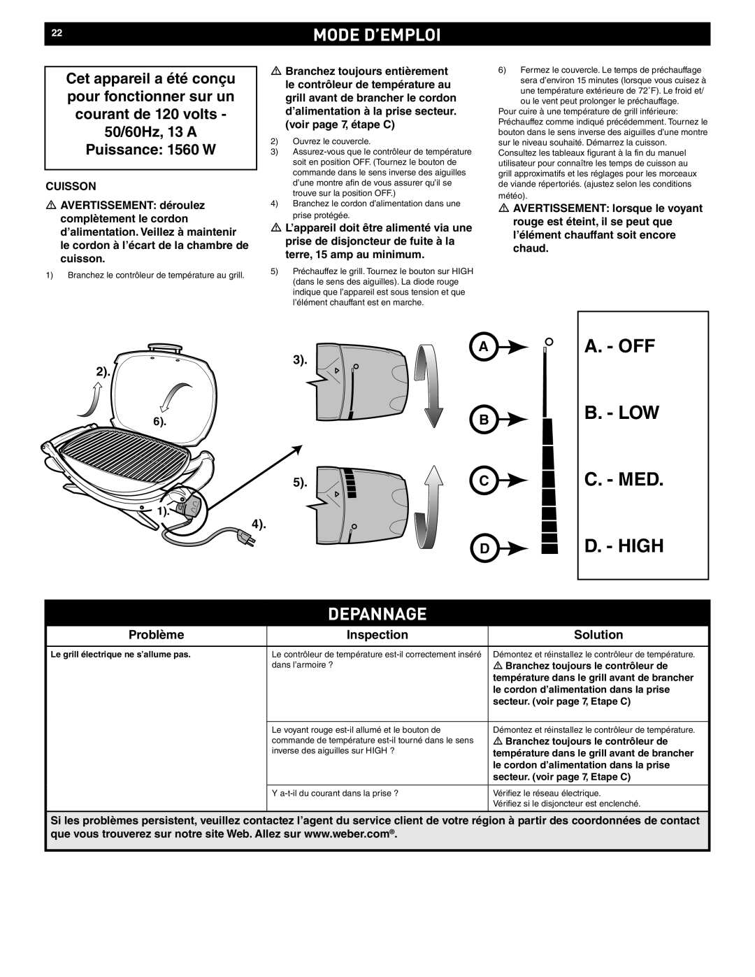 Weber Q 140 manual Mode D’EMPLOI, Depannage, Branchez toujours le contrôleur de, Le cordon d’alimentation dans la prise 