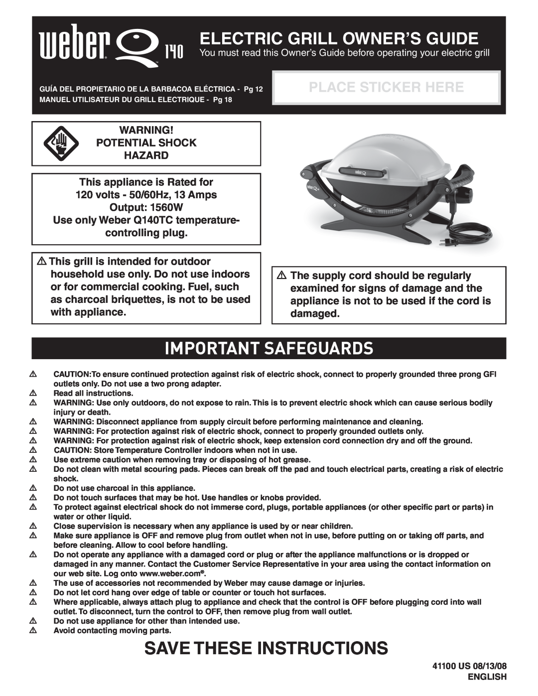Weber Q 140 manual Important Safeguards, Save These Instructions, Place Sticker Here, Electric Grill Owner’S Guide 