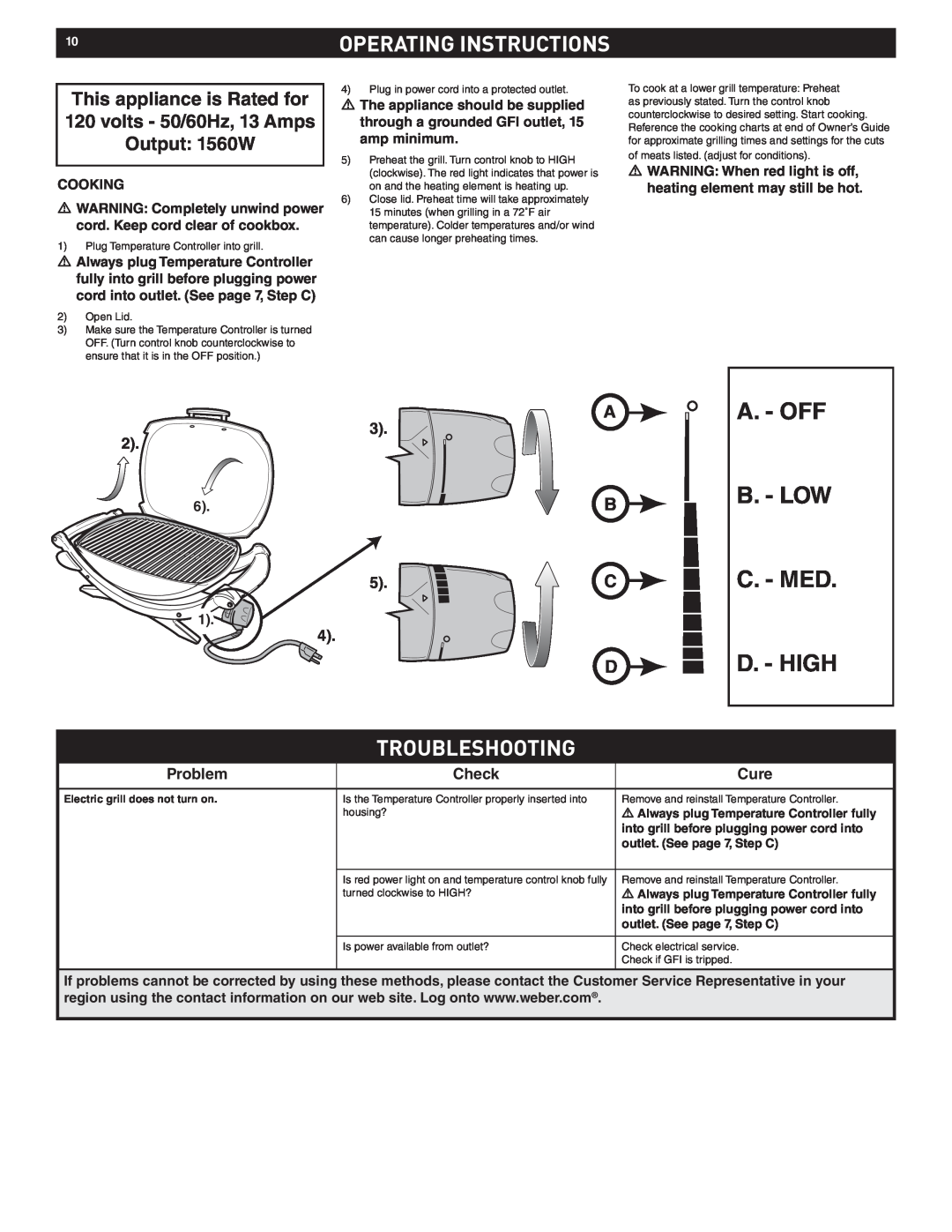 Weber Q 140 A. - Off B. - Low C. - Med D. - High, Operating Instructions, Troubleshooting, outlet. See page 7, Step C 