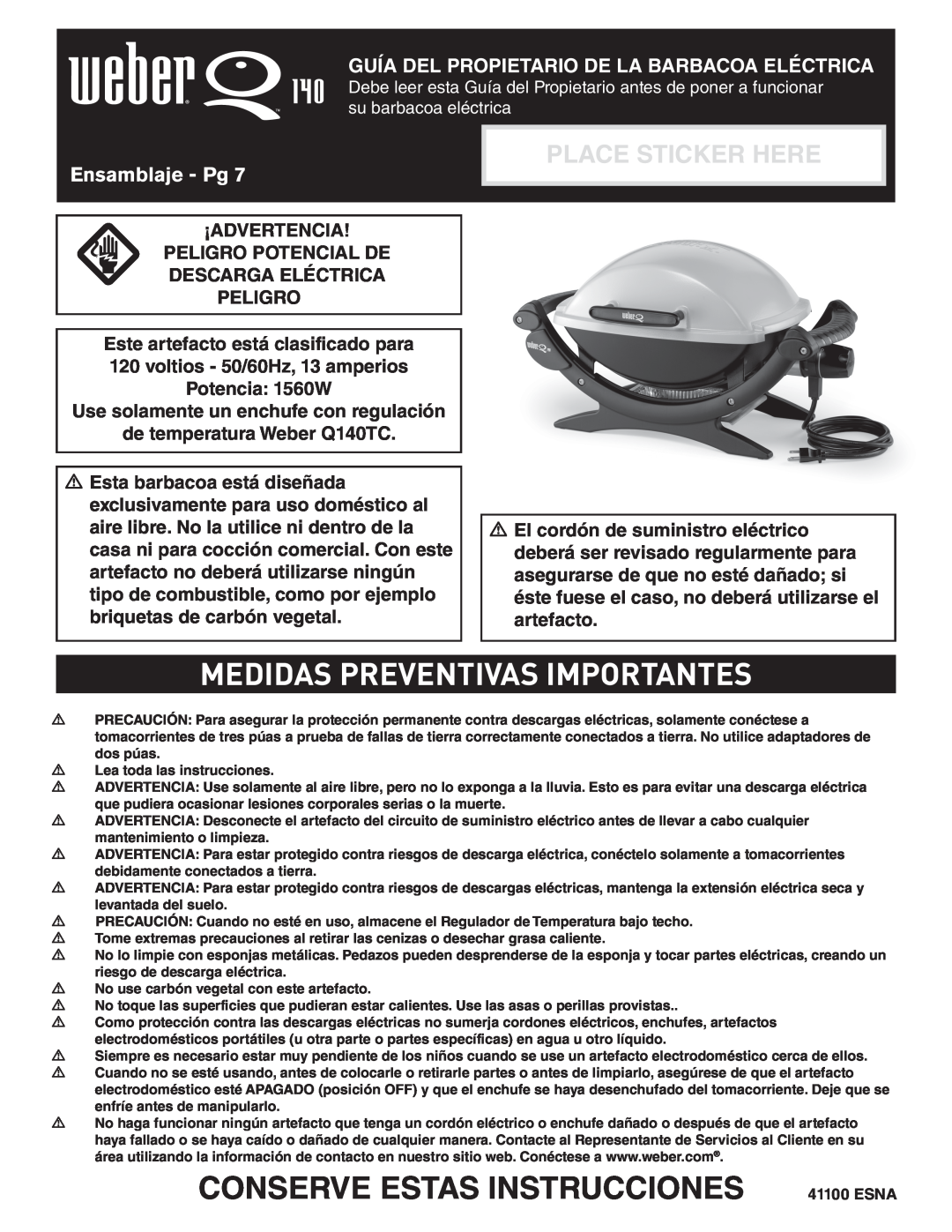 Weber Q 140 Medidas Preventivas Importantes, Conserve Estas Instrucciones, Guía Del Propietario De La Barbacoa Eléctrica 