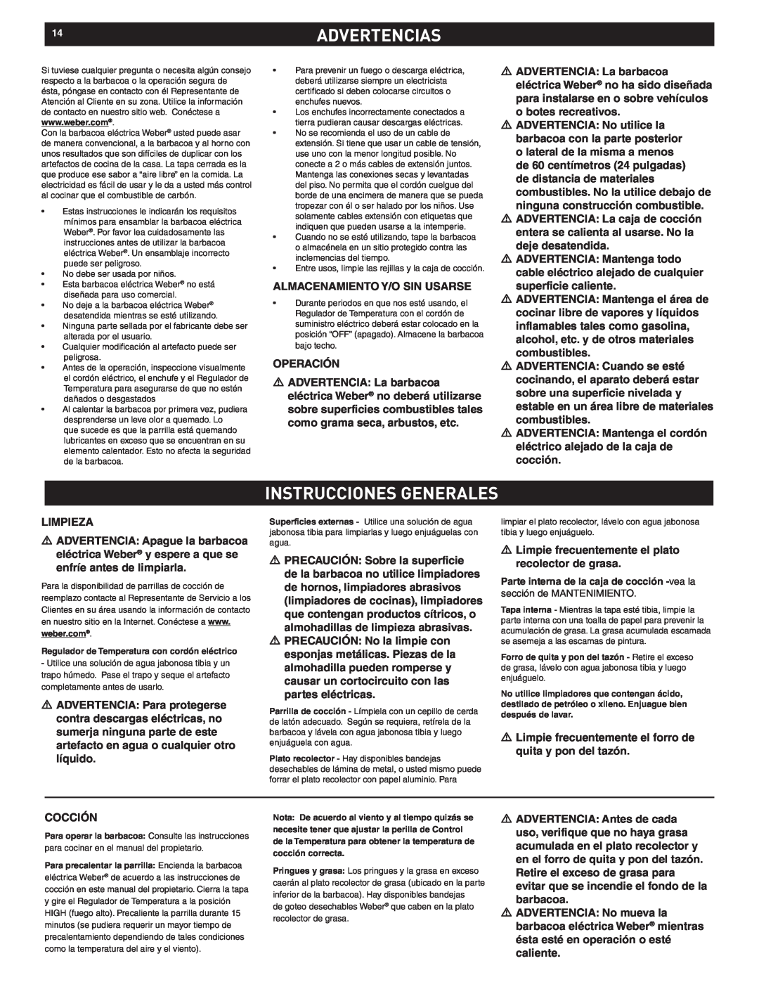 Weber Q 140 manual 14ADVERTENCIAS, Instrucciones Generales 