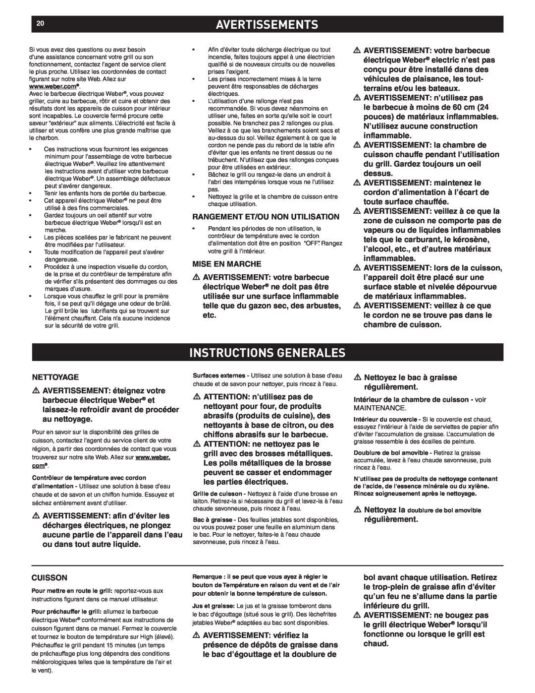 Weber Q 140 manual 20AVERTISSEMENTS, Instructions Generales, Intérieur de la chambre de cuisson - voir 