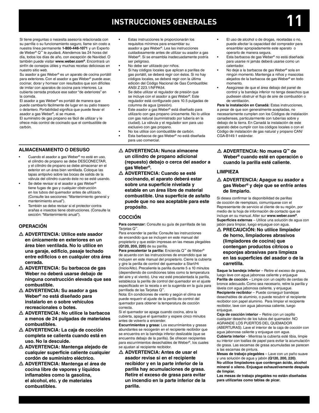 Weber Q220, Q100 instruction manual Almacenamiento O Desuso, Operación, Cocción, Limpieza 