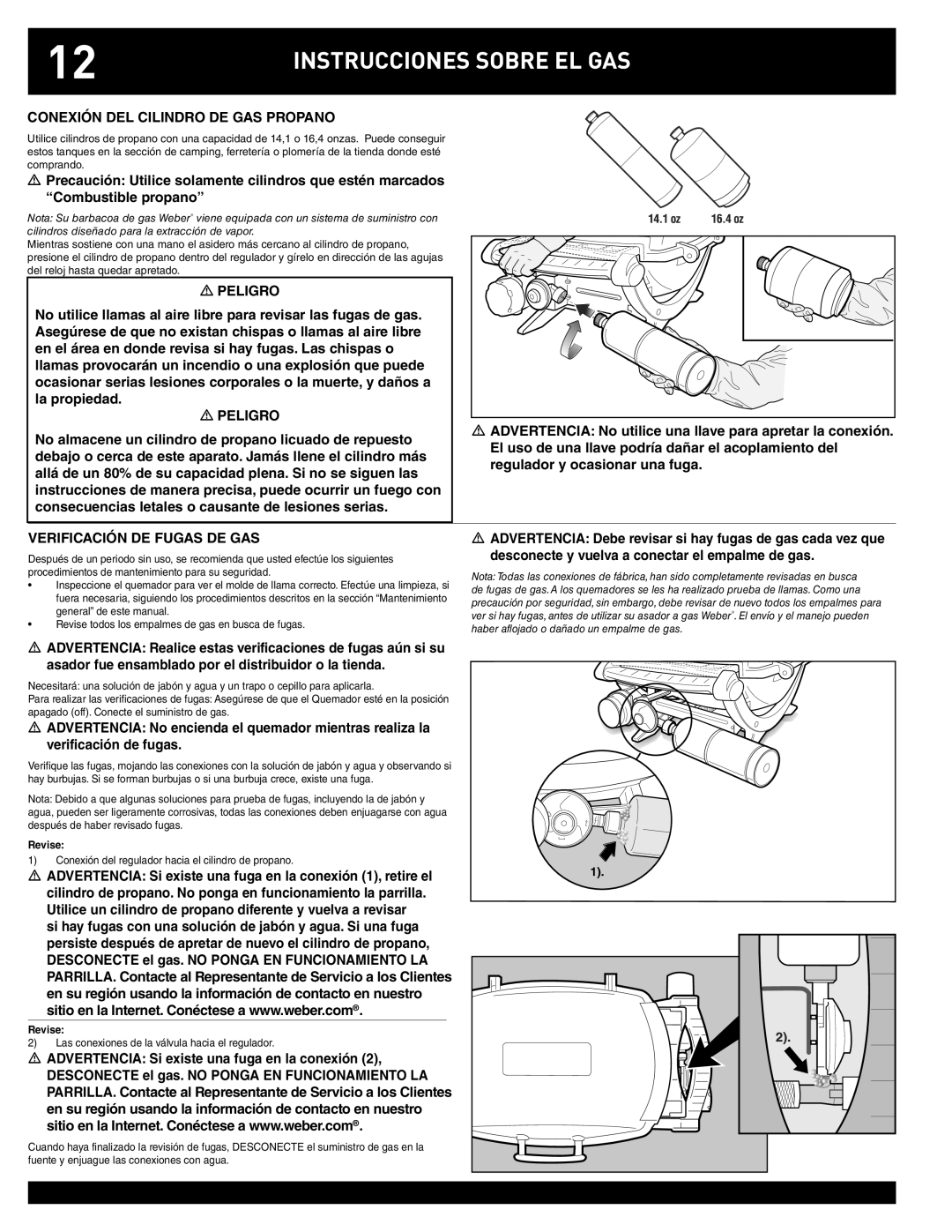 Weber Q100, Q220 instruction manual Conexión DEL Cilindro DE GAS Propano, Peligro, Verificación DE Fugas DE GAS 