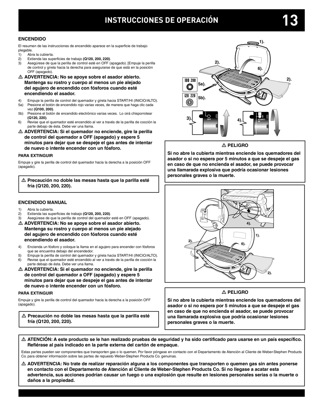 Weber Q220, Q100 instruction manual Instrucciones DE Operación, Encendido Manual 