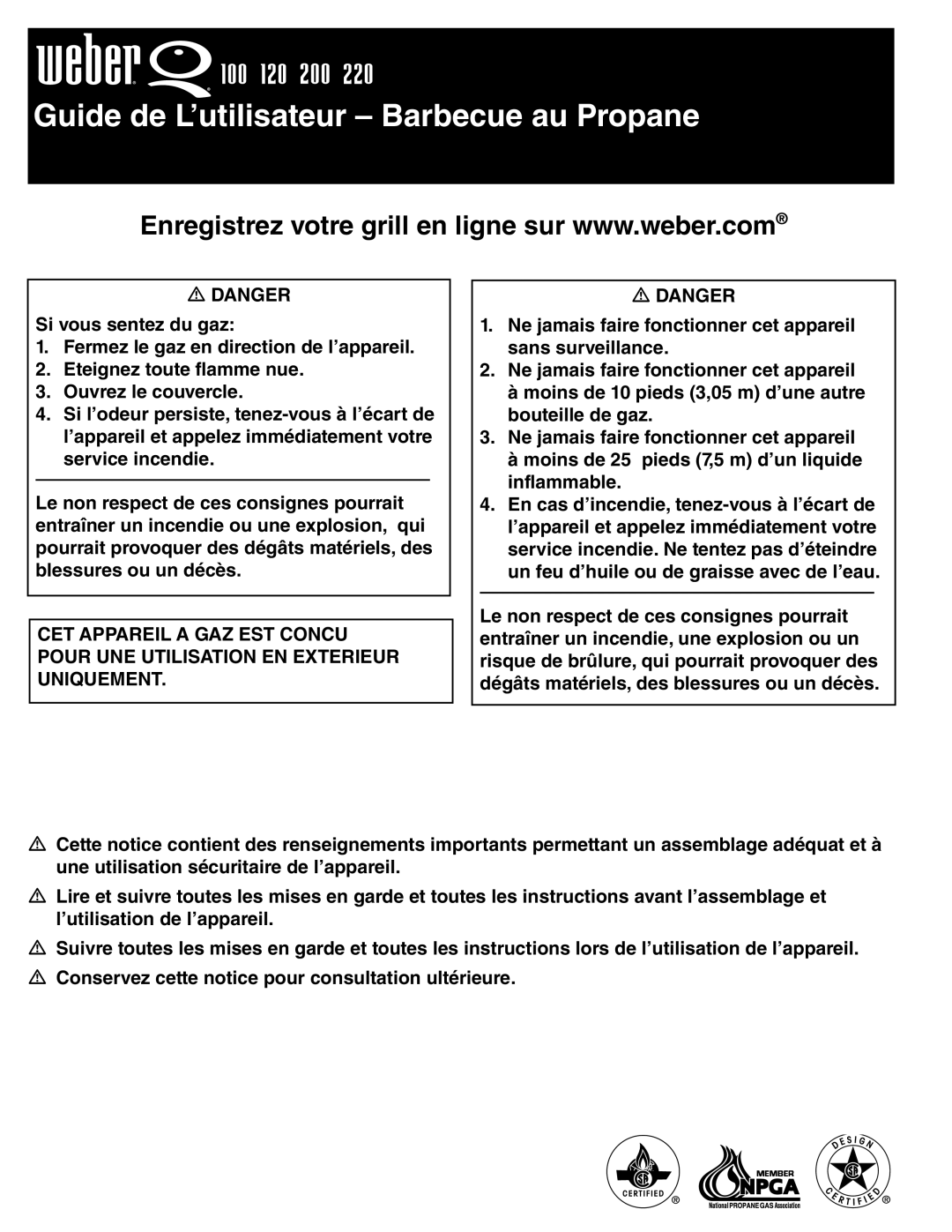 Weber Q100, Q220 instruction manual Guide de L’utilisateur Barbecue au Propane 