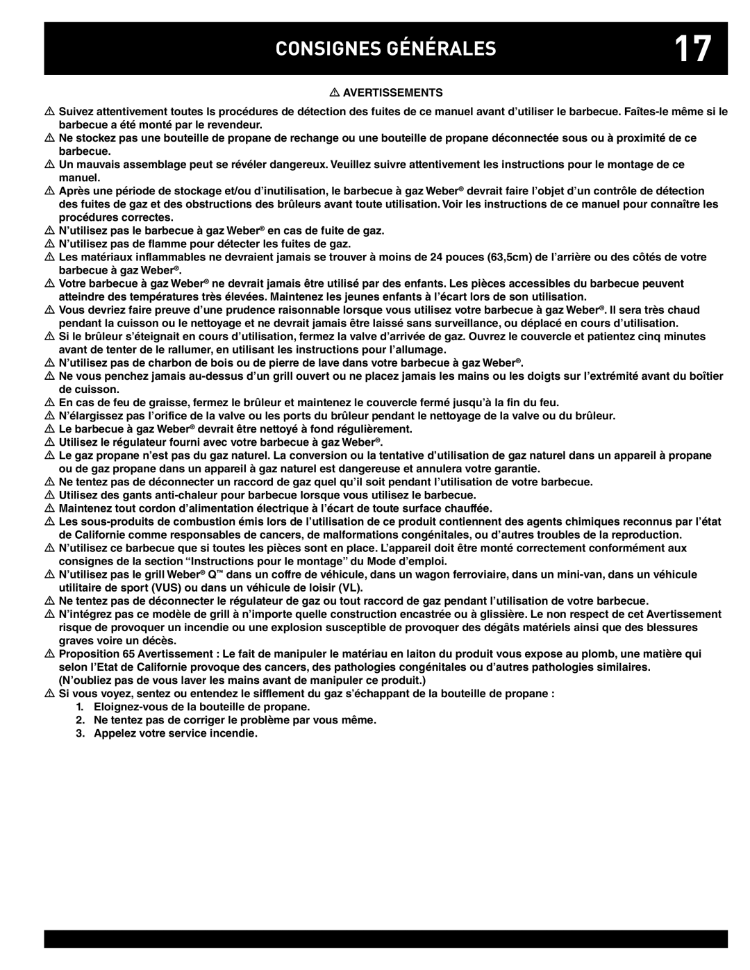 Weber Q220, Q100 instruction manual Consignes Générales, Avertissements 