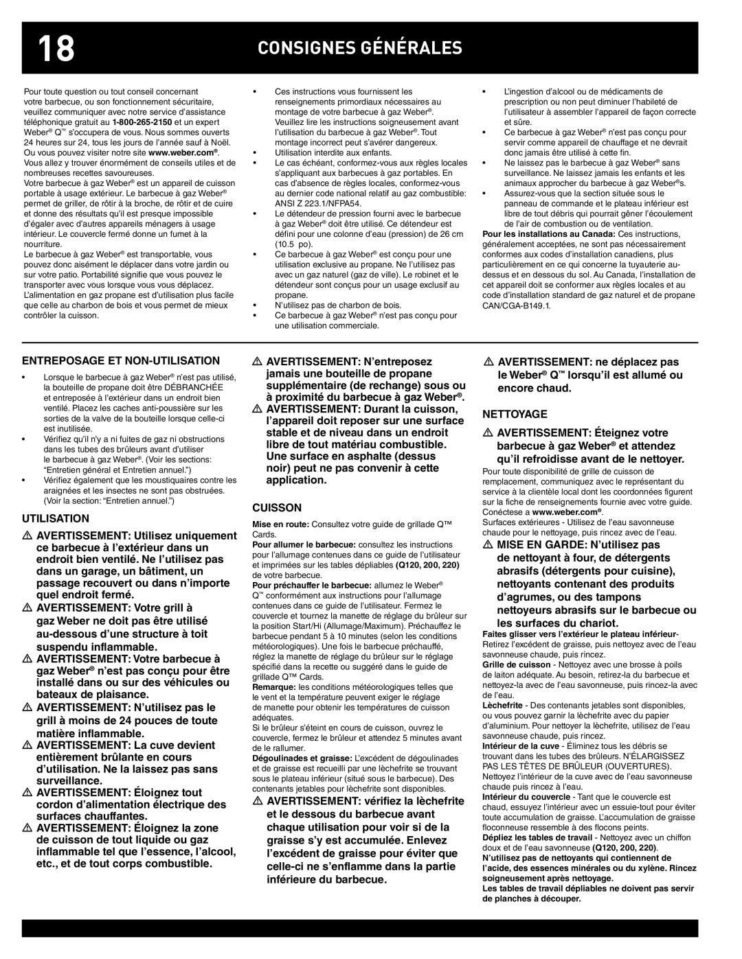 Weber Q100, Q220 instruction manual Consignes Générales, Entreposage ET NON-UTILISATION, Utilisation, Cuisson, Nettoyage 